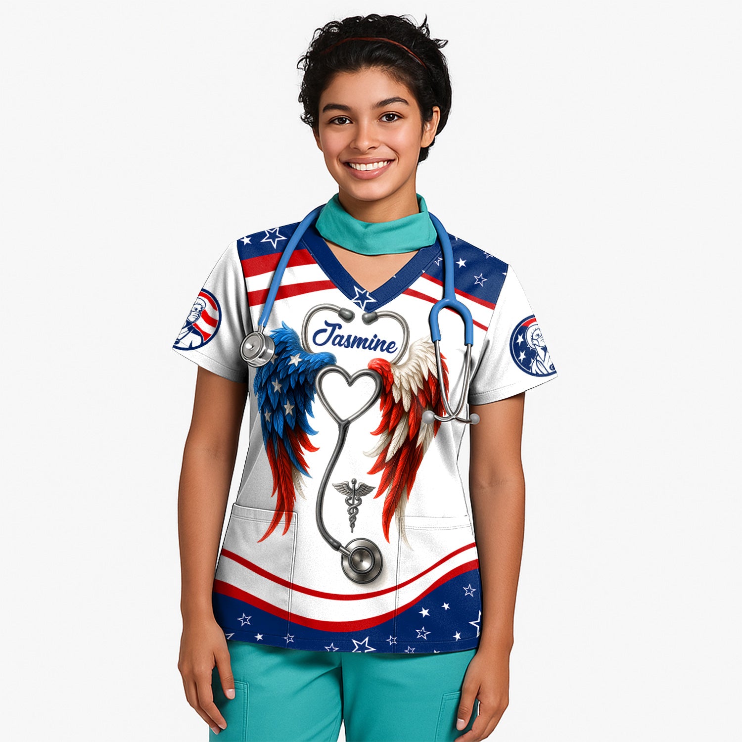 Personalized Nurse Shirt - American Flag Angel Wings & Scrubs Design - Patriotic Gift for RN LPN CNA Women