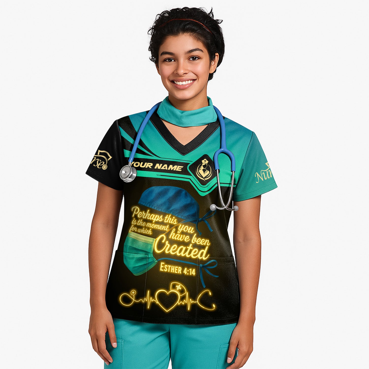Personalized Nurse Shirt with Mask & Scripture - Perhaps You Were Created for This Moment - Gift for Christian Nurses