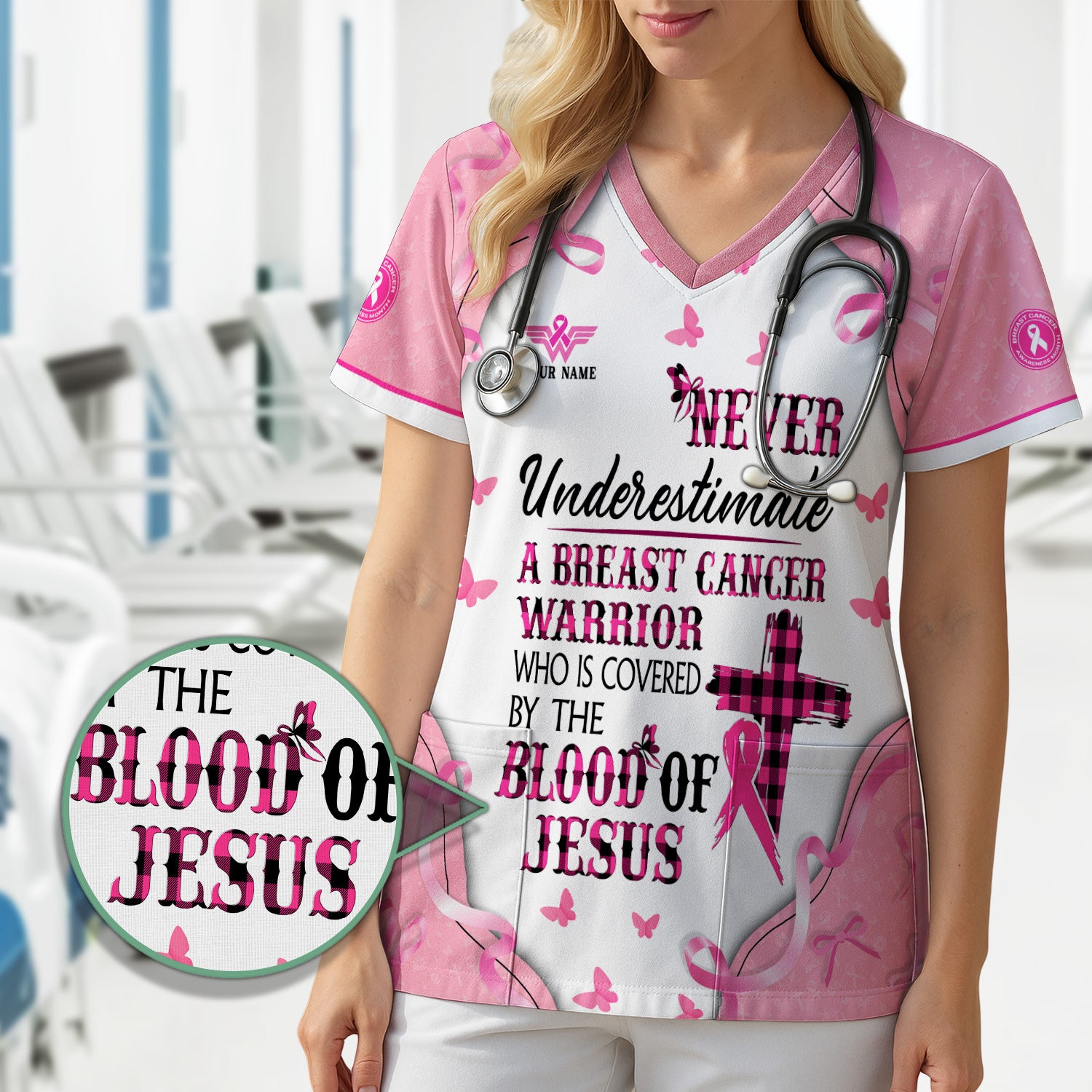 Custom Christian Breast Cancer Awareness Shirt - Blood Of Jesus Quote Graphic Tee - Gift for RN LPN CNA
