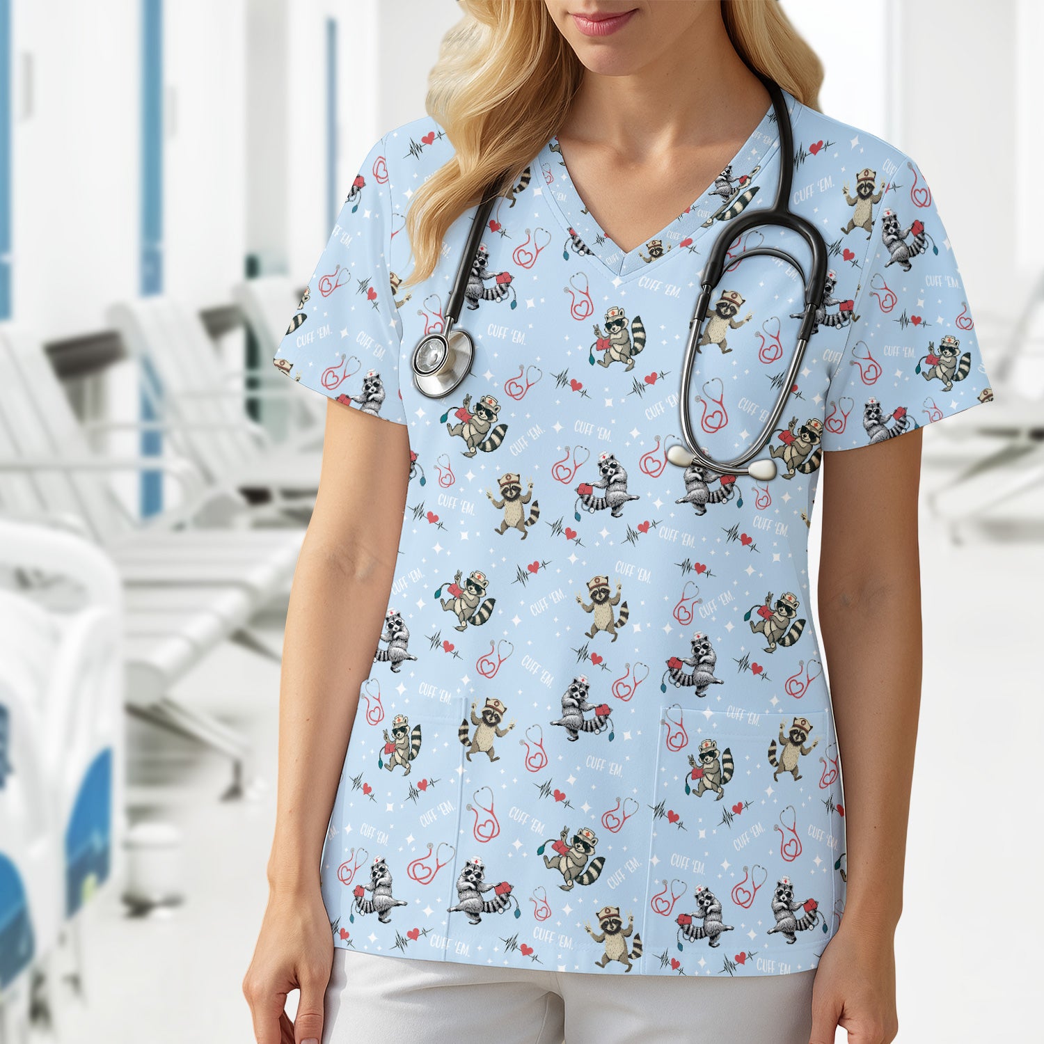 Cuff ‰Û÷Em Raccoon Nurse Shirt - Funny Medical Scrub T-Shirt for CNA EMT LPN - Cute All Over Print Gift for Healthcare Workers