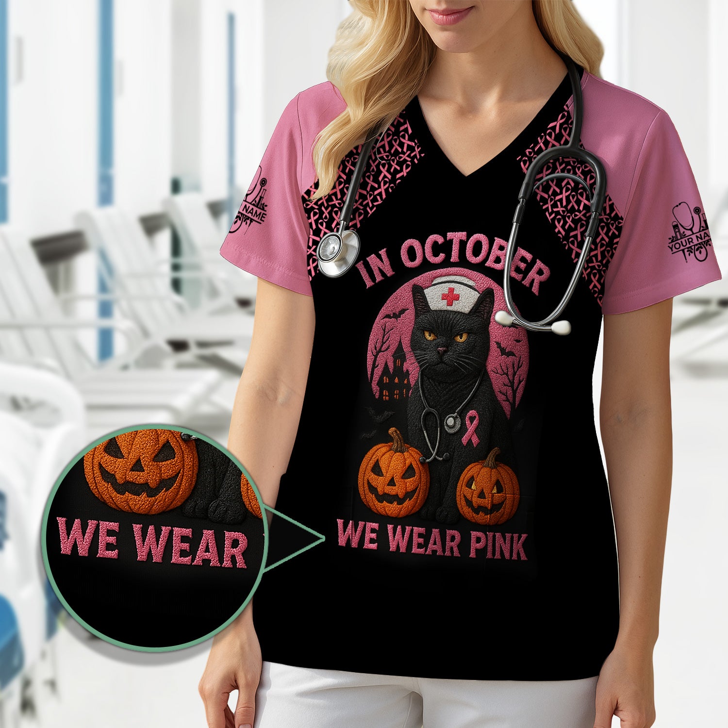 Custom Breast Cancer Awareness Nurse Shirt - In October We Wear Pink Halloween Cat Tee - CNA RN LPN Nursing Apparel Gift