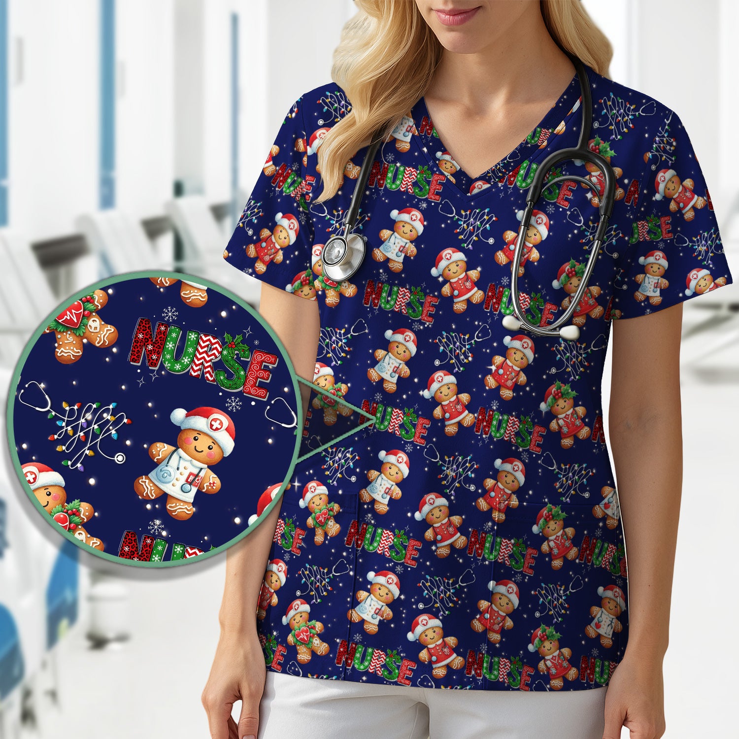 Christmas Nurse Scrub Top - Funny Gingerbread Holiday Medical Uniform - Gift for Nurse RN CNA LPN