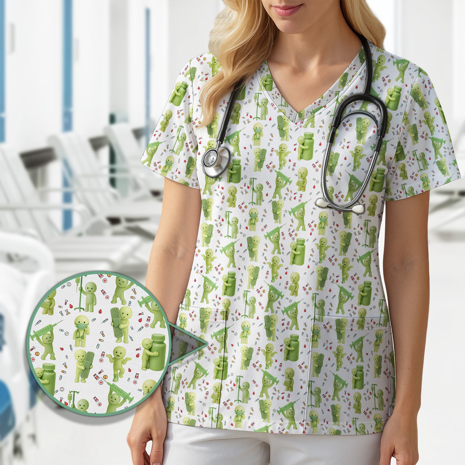 Funny Smiski Nurse Scrub Top - Cute Smiski Medical Pattern Design - Gift for Women RN LPN CNA
