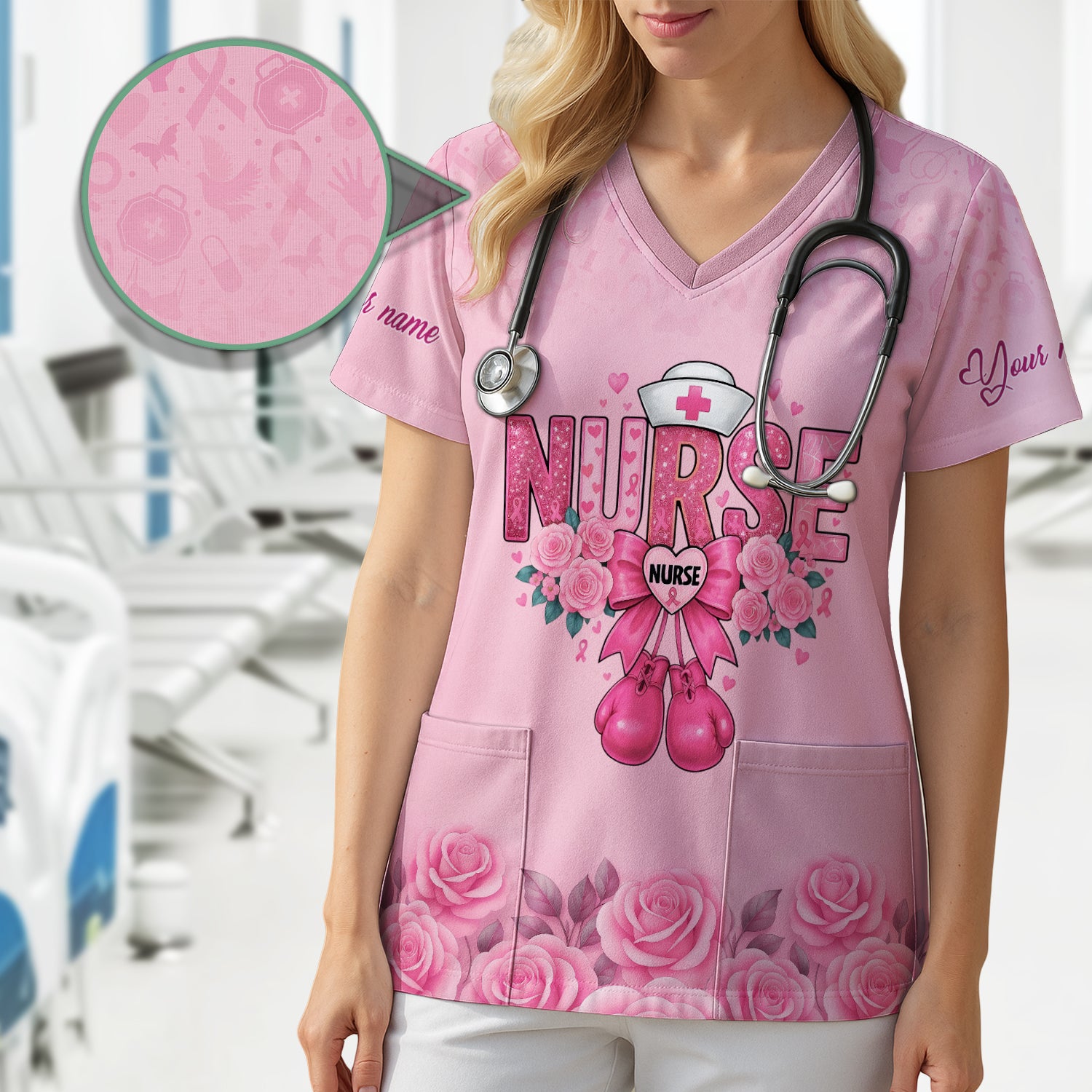 Personalized Breast Cancer Fighter Shirt - Pink Boxing Gloves & Rose Floral Design - Gift for RN LPN CNA