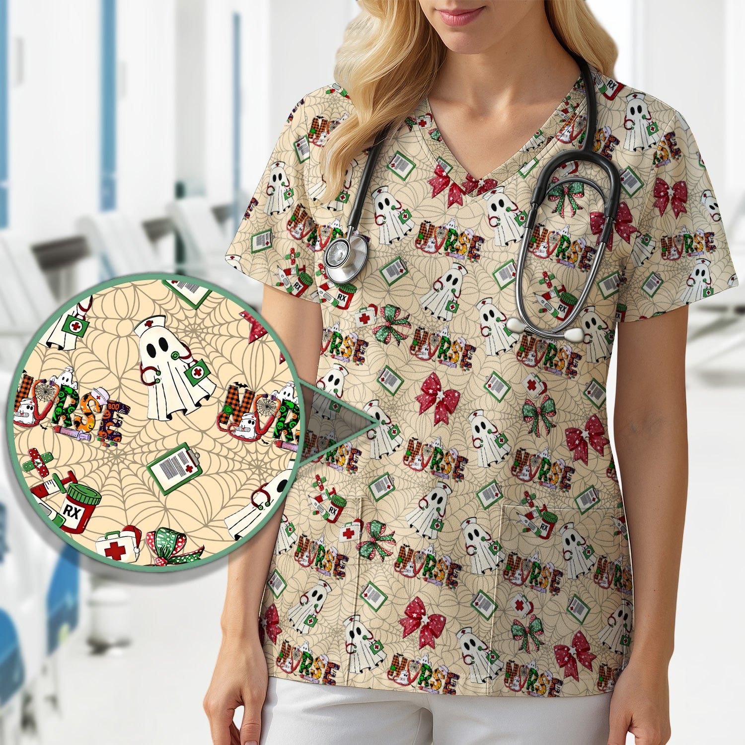Custom Halloween Scrub Top for Nurses - Funny Ghost and Web Scrub Shirt Multi Color - Cute Spooky Nursing Workwear with Pockets