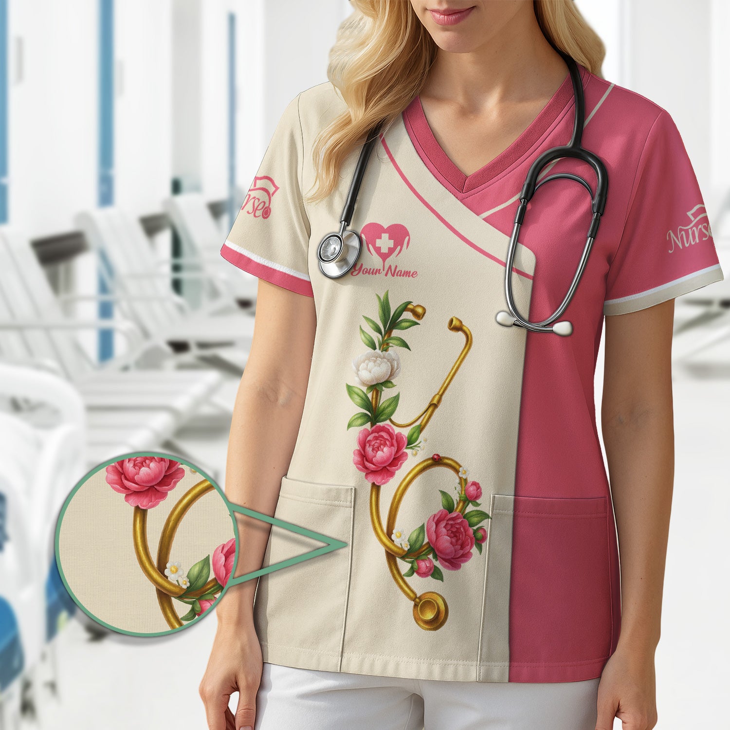 Custom Floral Nurse Scrub Top for Women - Medical Uniform with Stethoscope Design - Gift for RN, CNA, LPN, Medical Staff