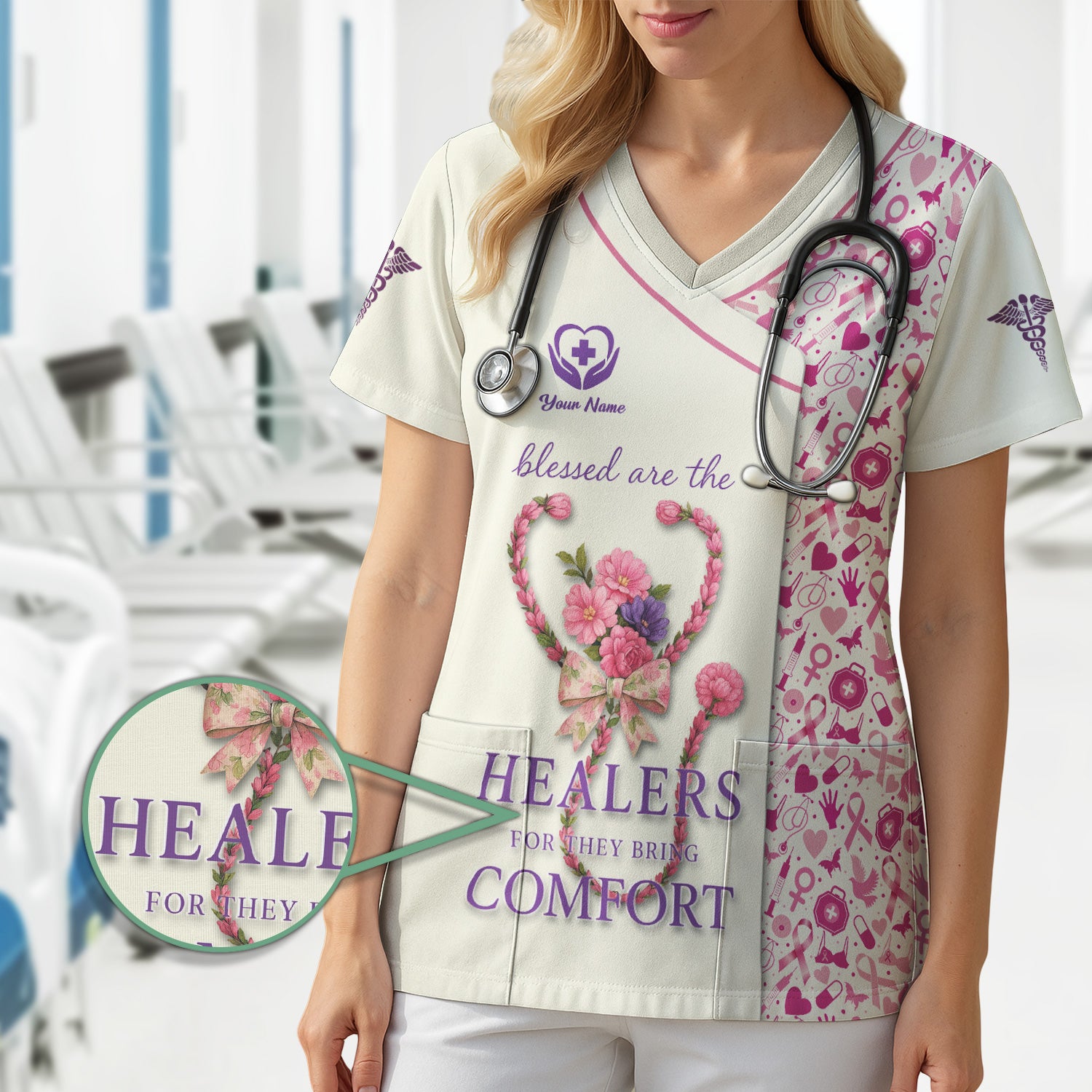 Custom Breast Cancer Awareness Nurse Shirt - Blessed Healers Comfort Quote - Gift for RN LPN CNA