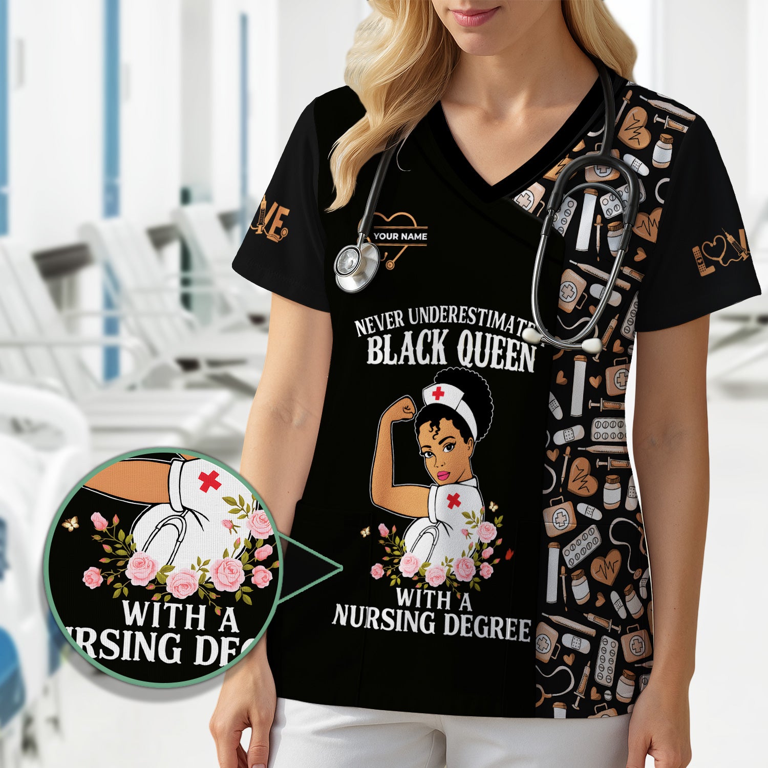 Personalized Nurse Scrub Top for Women - Black Queen With A Nursing Degree - RN LPN CNA Healthcare Workers Gift