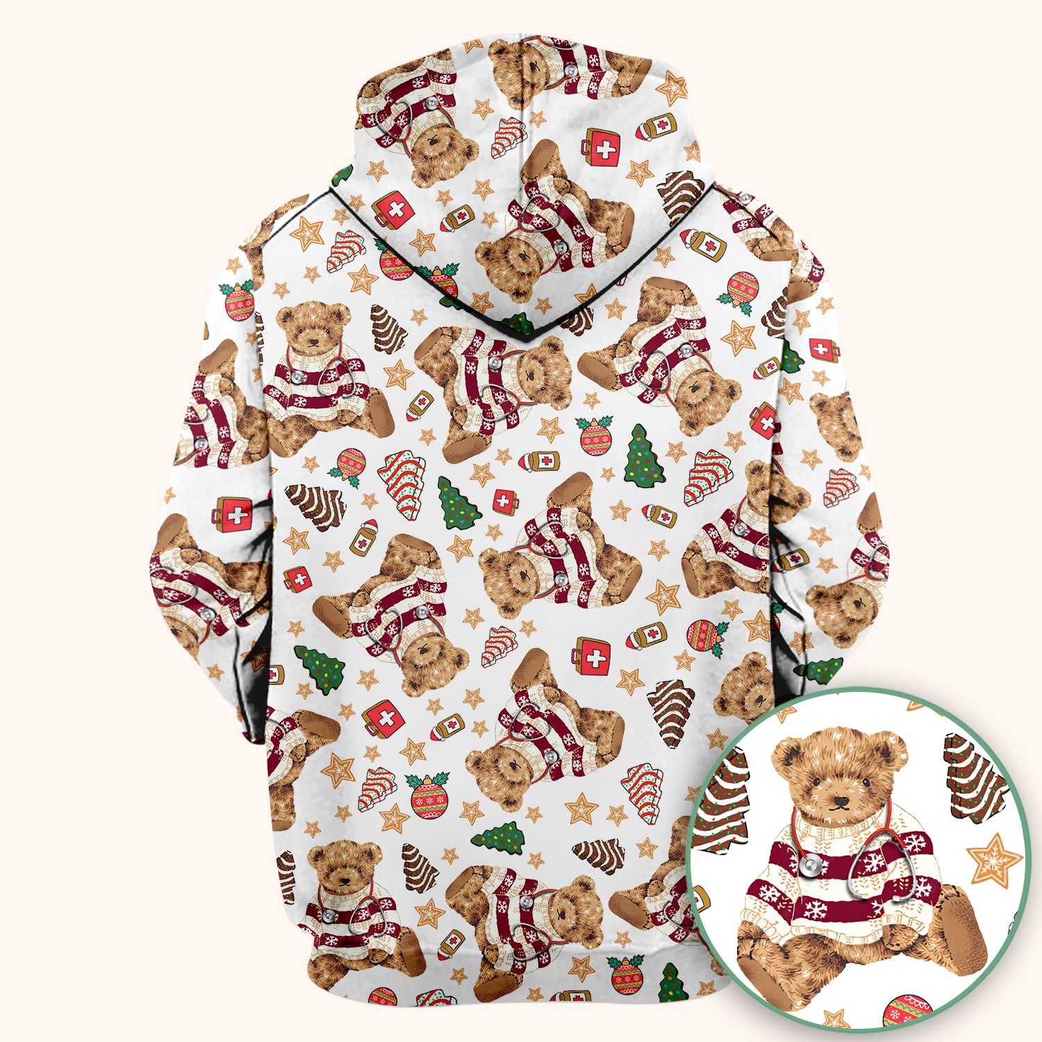 Christmas Teddy Bear Scrub Top for Nurses - Cozy Holiday Pattern with Cute Bear and Medical Icons - Festive Scrubs for Women