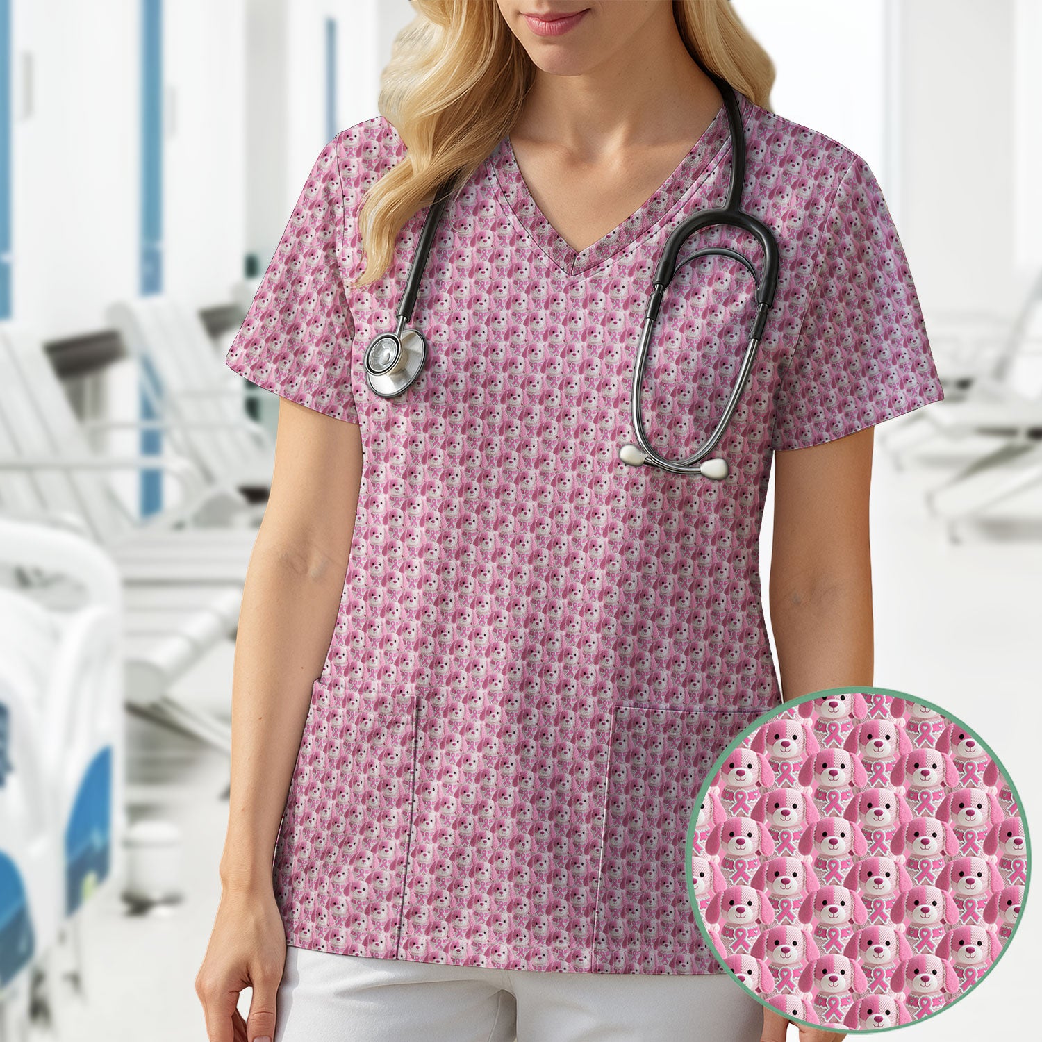 Pink Breast Cancer Awareness Scrub Top - Cute Puppy Dog Ribbon Nurse Shirt - Support Fight Cancer Medical Uniform Gift