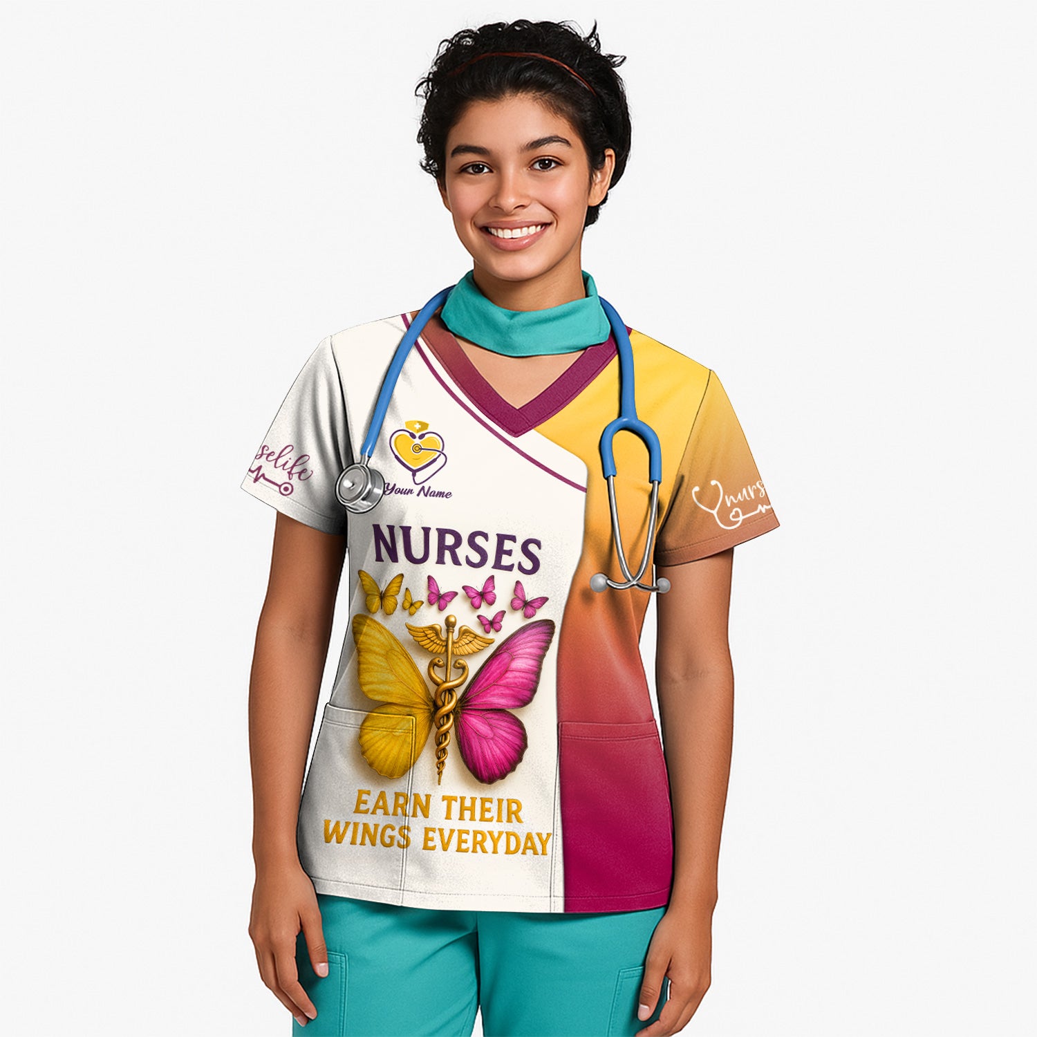 Personalized Butterfly Nurse Shirt - Nurses Earn Their Wings Everyday - Custom RN LPN CNA Uniform Top Gift for Women
