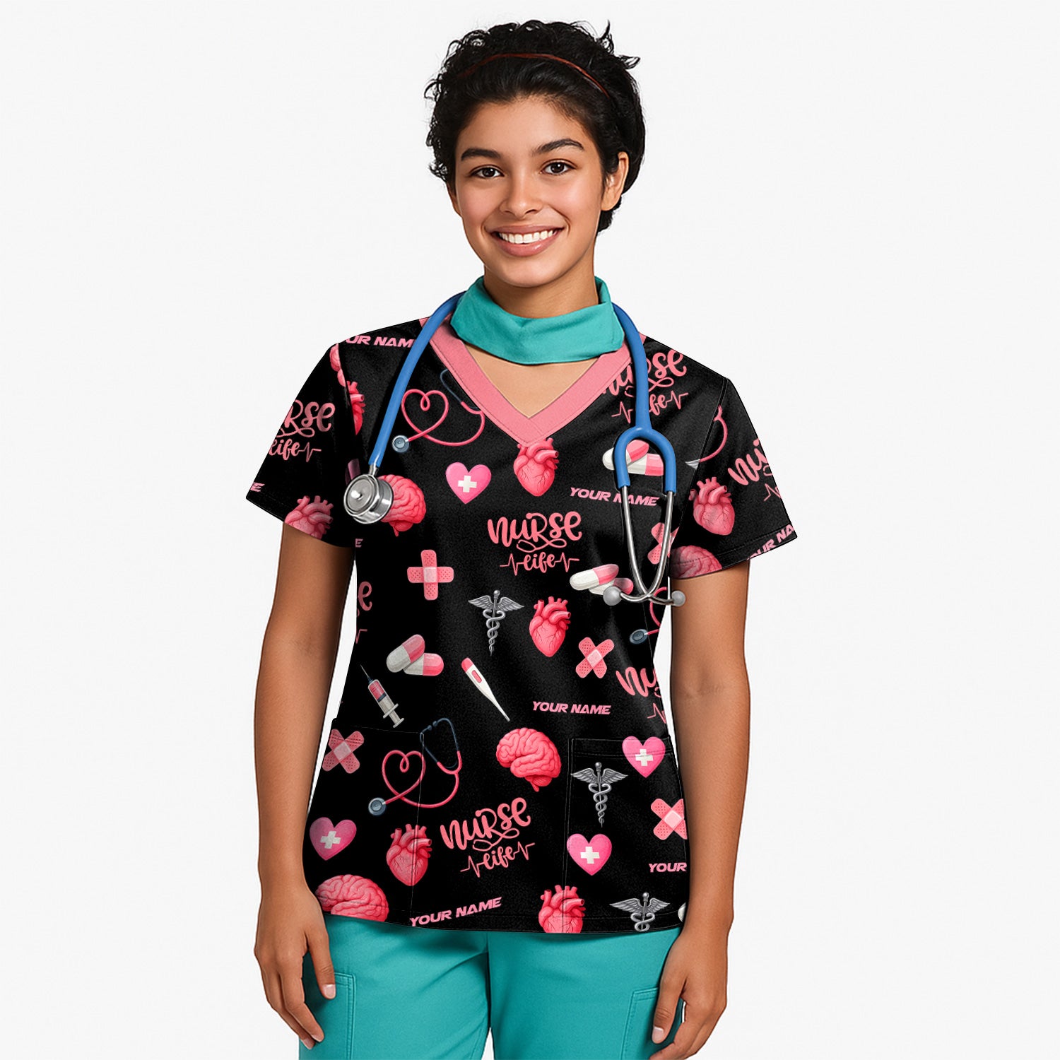 Personalized Nurse Life Shirt - Cute Medical Pattern with Heart Brain Pills Stethoscope - Custom Name Gift for RN CNA LPN Women in Healthcare and Nursing Profession