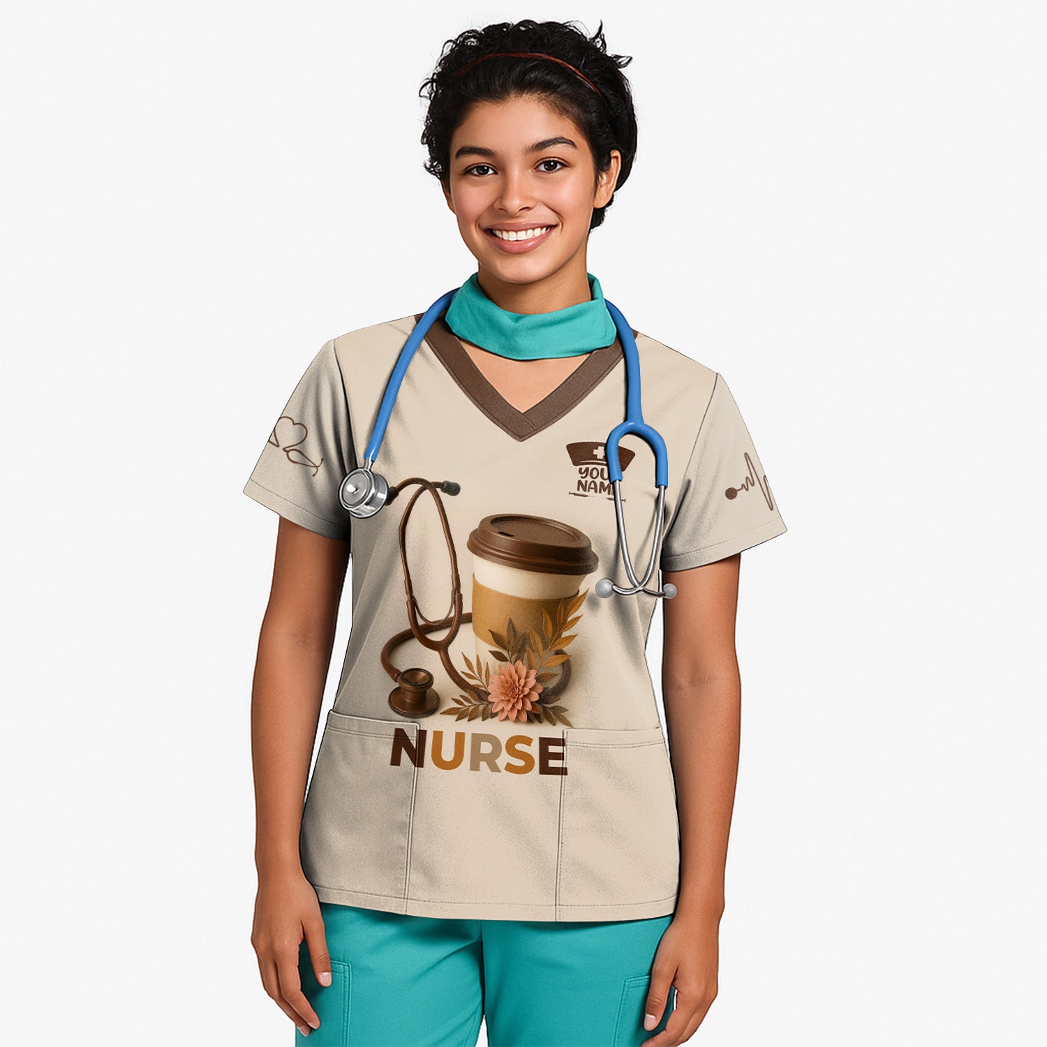 Personalized Coffee Nurse Shirt - Brown Stethoscope Floral Design - Cute Gift for RN LPN CNA Women