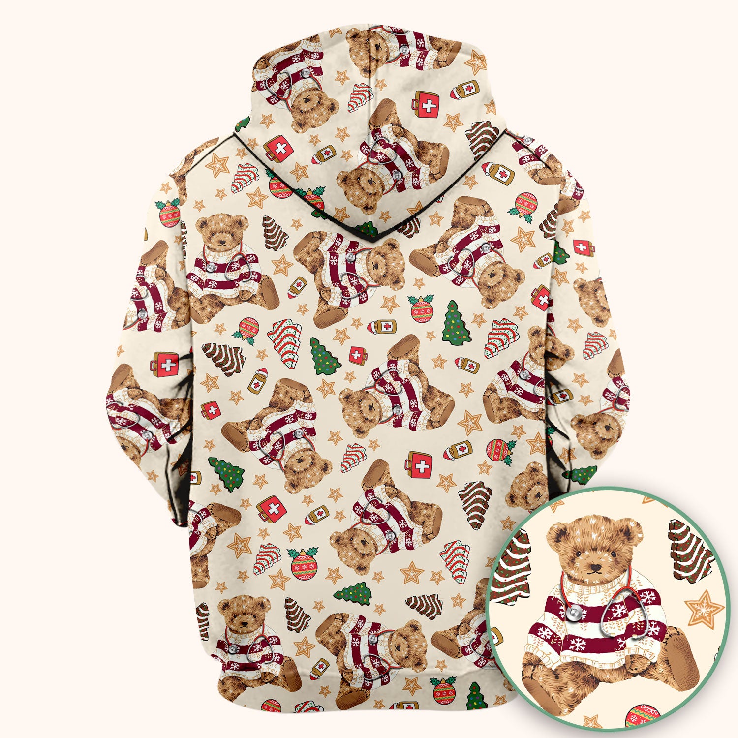 Christmas Teddy Bear Scrub Top for Nurses - Cozy Holiday Pattern with Cute Bear and Medical Icons - Festive Scrubs for Women