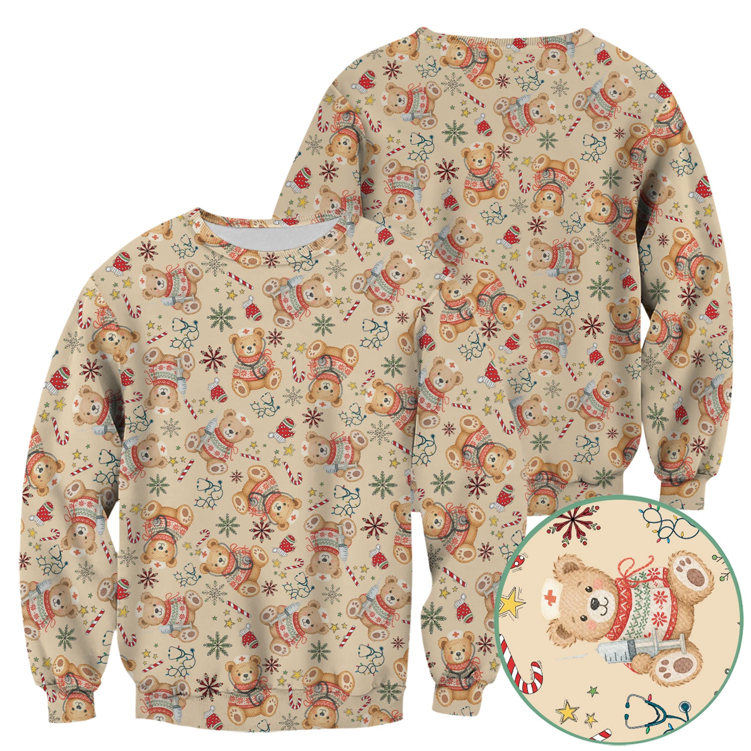 Christmas Teddy Bear Nurse Scrub Top for Women - Cute Holiday Medical Shirt RN LPN CNA Gift - Festive Nursing Uniform