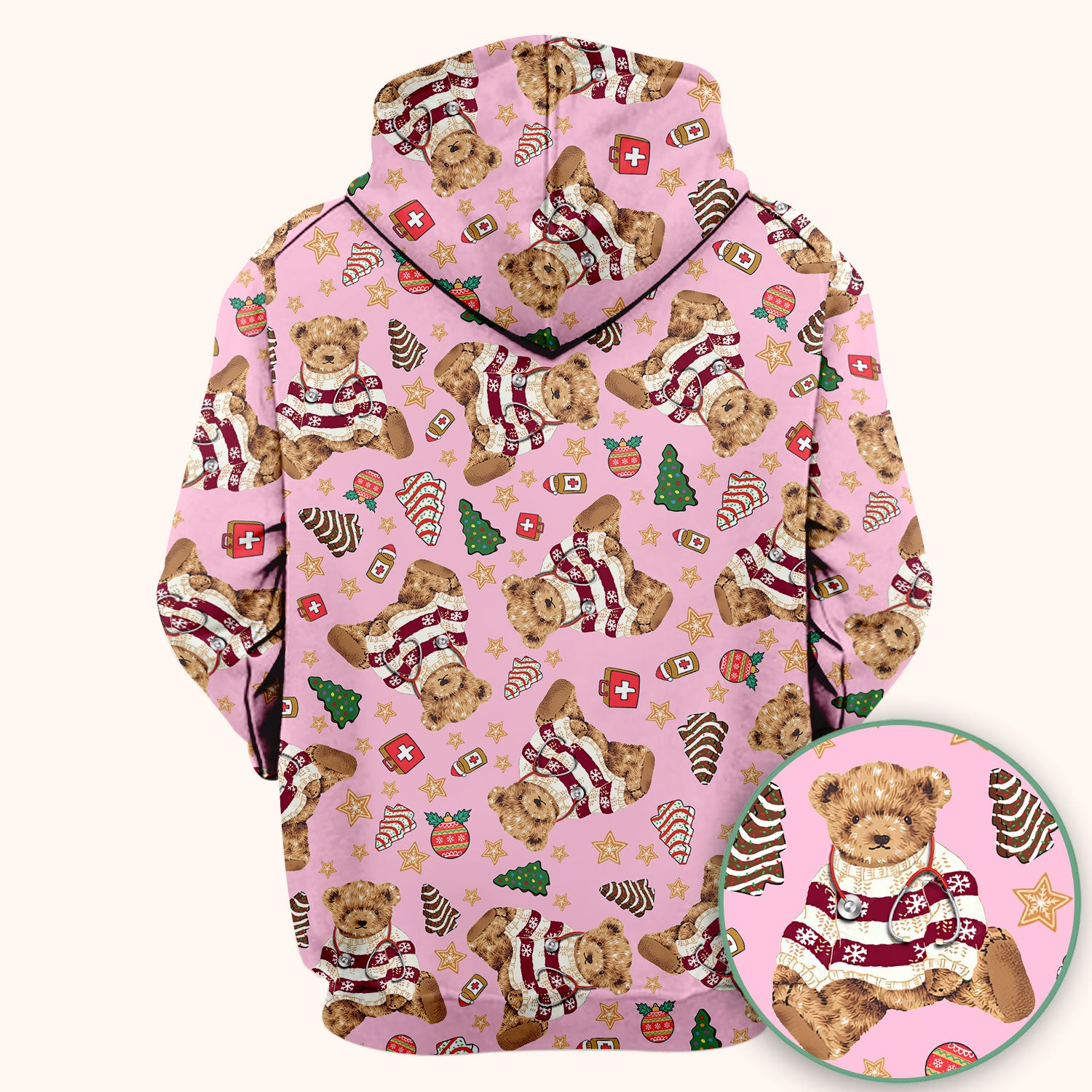 Christmas Teddy Bear Scrub Top for Nurses - Cozy Holiday Pattern with Cute Bear and Medical Icons - Festive Scrubs for Women