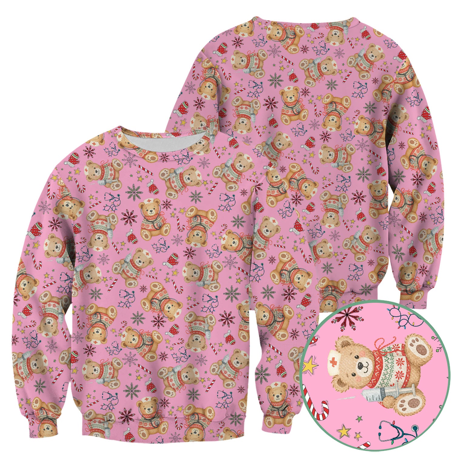 Christmas Teddy Bear Nurse Scrub Top for Women - Cute Holiday Medical Shirt RN LPN CNA Gift - Festive Nursing Uniform