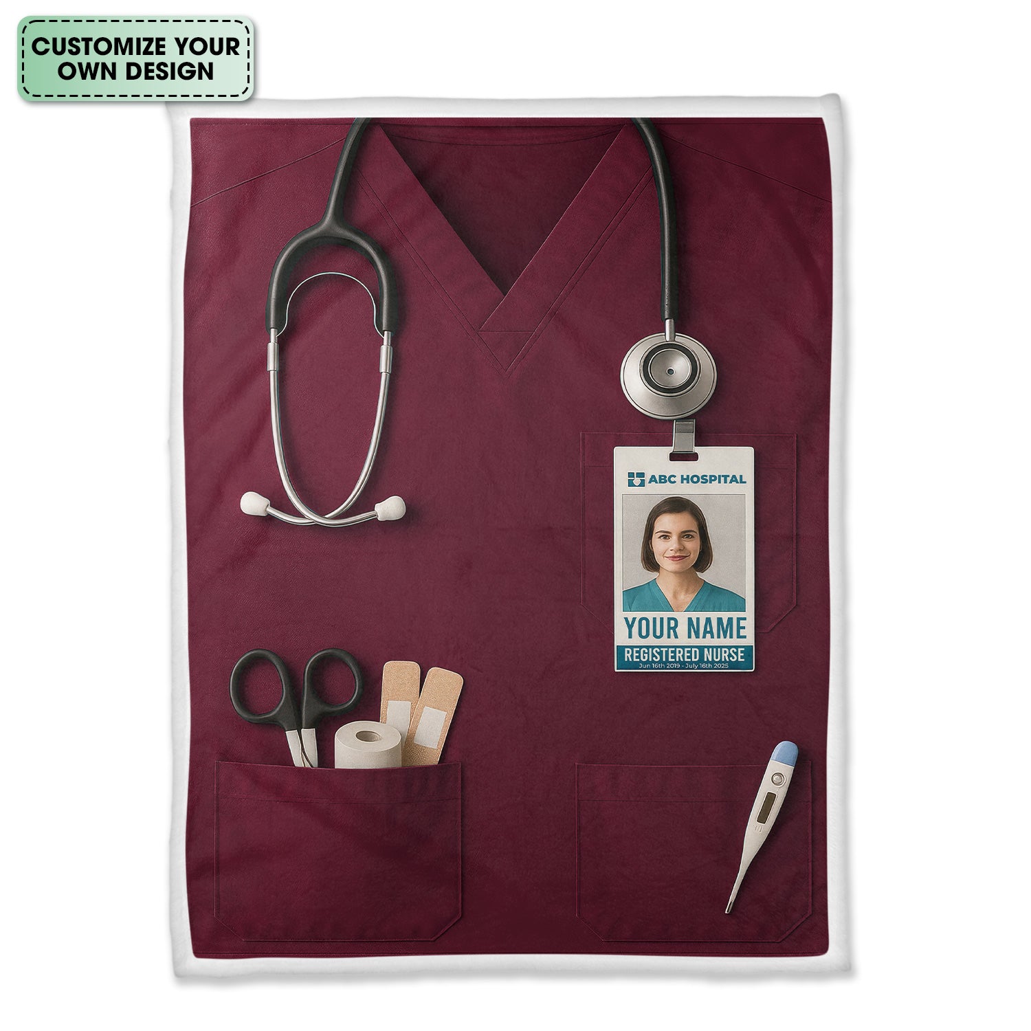 Personalized Nurse Blanket - Stethoscope & ID Badge Design - Custom Text & Photo Options for RN CNA LPN Healthcare Workers
