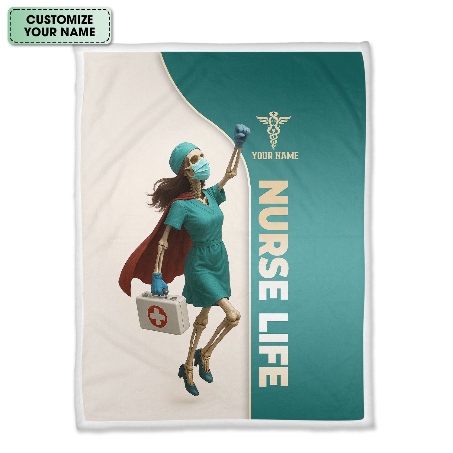 Personalized Superhero Nurse Blanket - Skeleton in Cape Holding Medical Bag - Nurse Life Gift for Healthcare Heroes