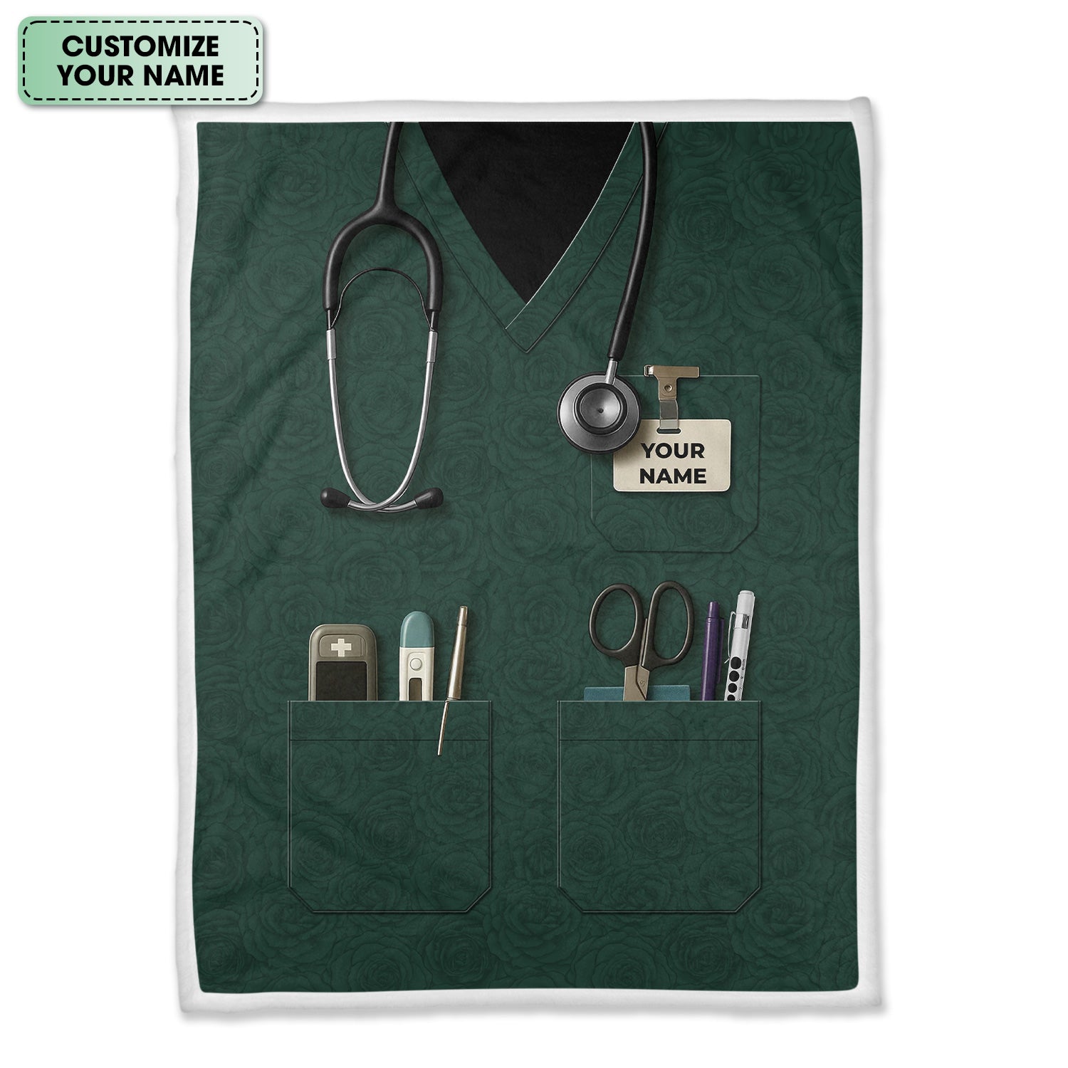 Green Scrub Nurse Throw Blanket - Medical Uniform Design with Pockets and Name - Gift for Female Nurses, CNA, LPN, RN