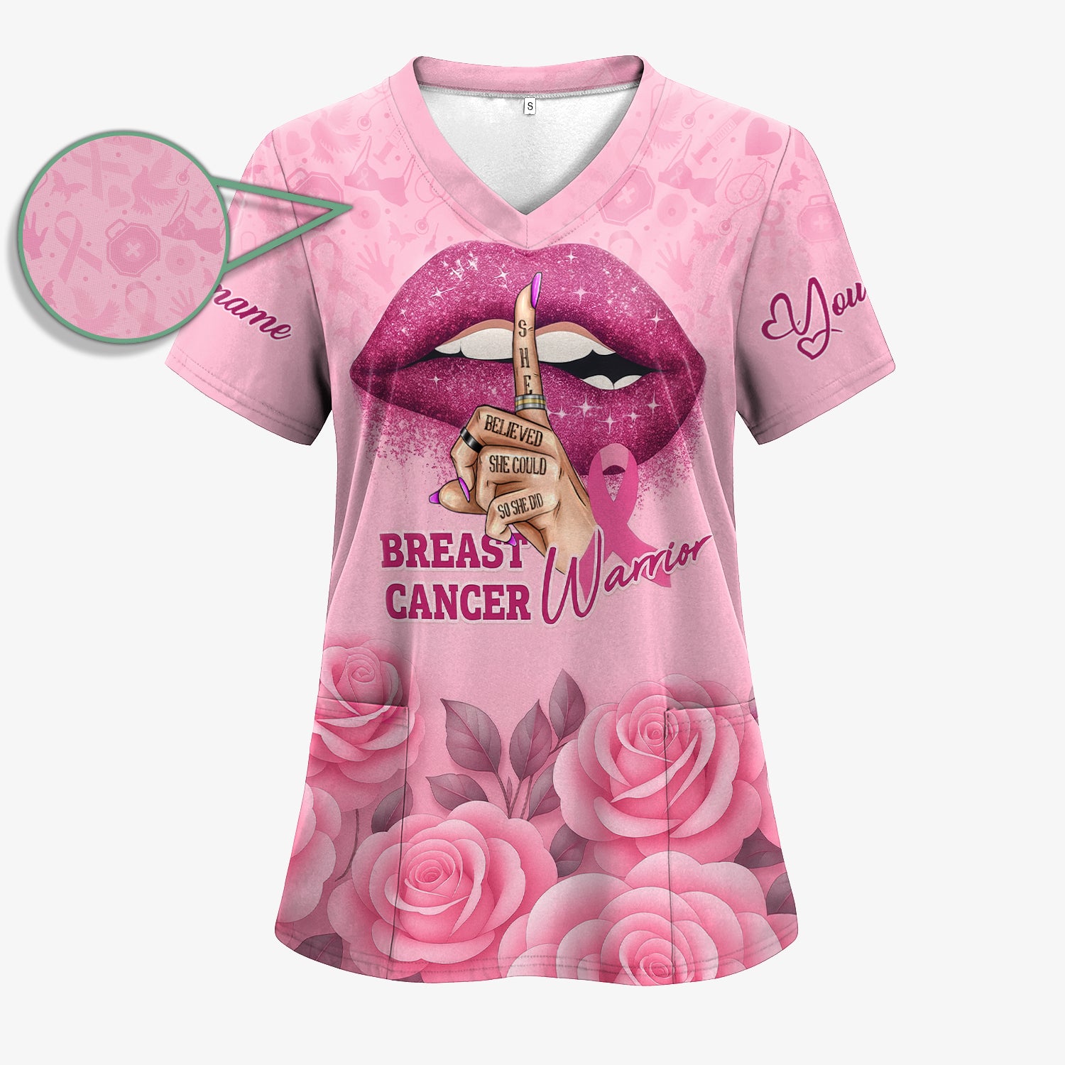 Custom Breast Cancer Awareness Floral Scrub - Pink Ribbon & Rose Pattern Graphic - Gift for RN LPN CNA