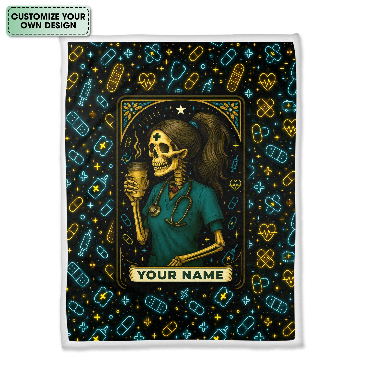 Funny Skeleton Nurse Blanket - Personalized RN CNA LPN Gift with Coffee Design - Custom Halloween Throw for Healthcare Workers