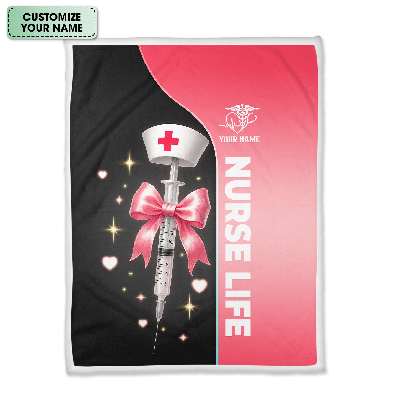 Personalized Nurse Life Blanket - Pink Syringe Bow & Nurse Hat Design - Cute RN LPN CNA Gift for Women