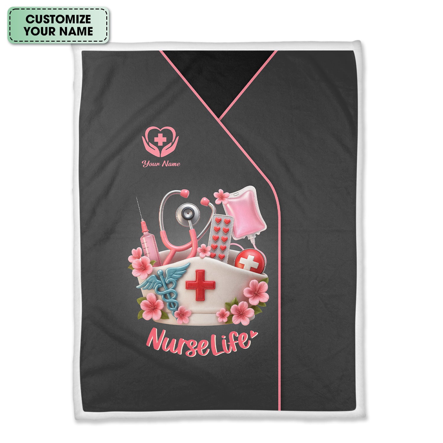 Custom Name Nurse Blanket - 3D Pink Stethoscope & Syringe Graphic - Gift for Female Nursing Students and Workers