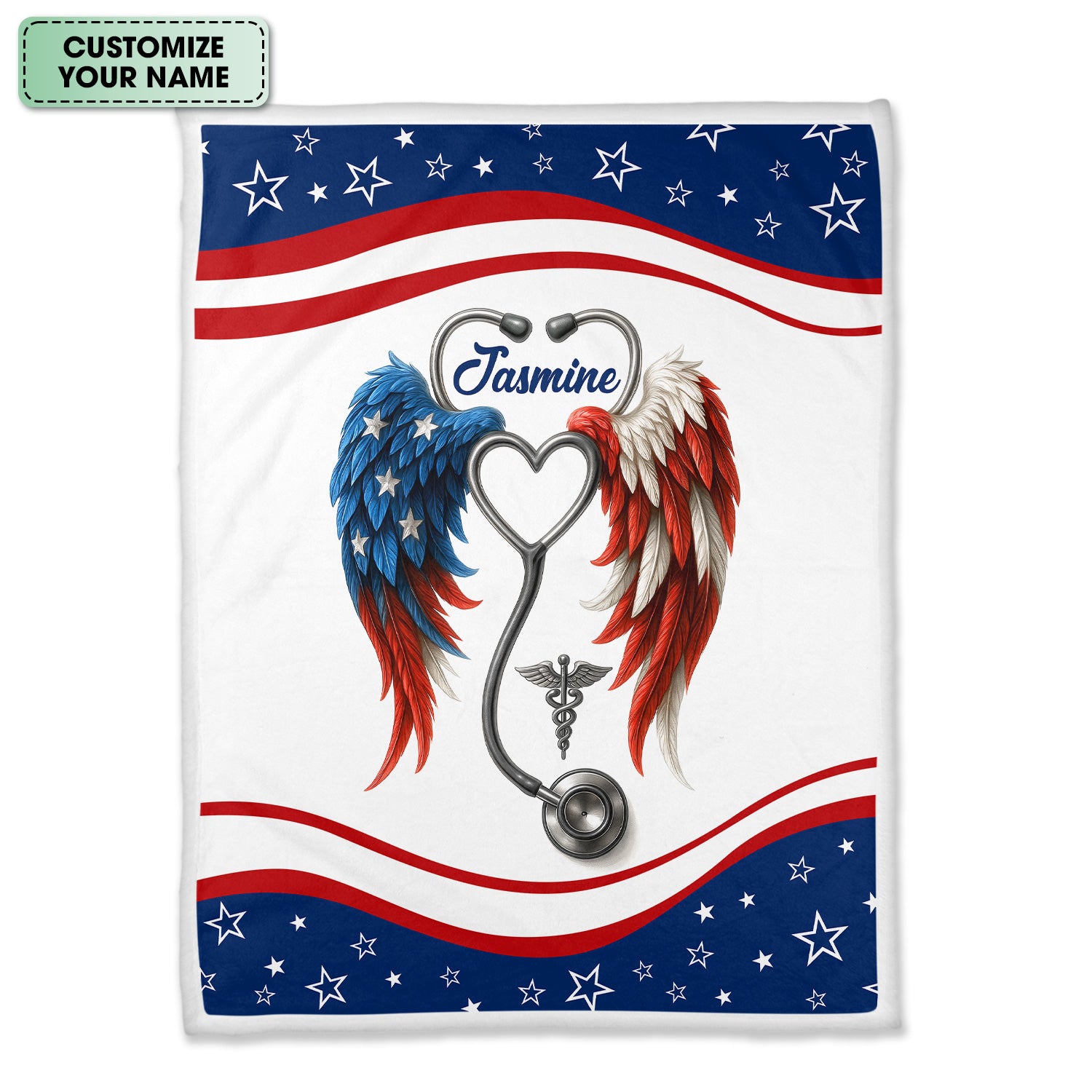 Nurse Angel Wings Blanket - Personalized Name & USA Flag Feathers - Soft Gift for RN LPN CNA Appreciation