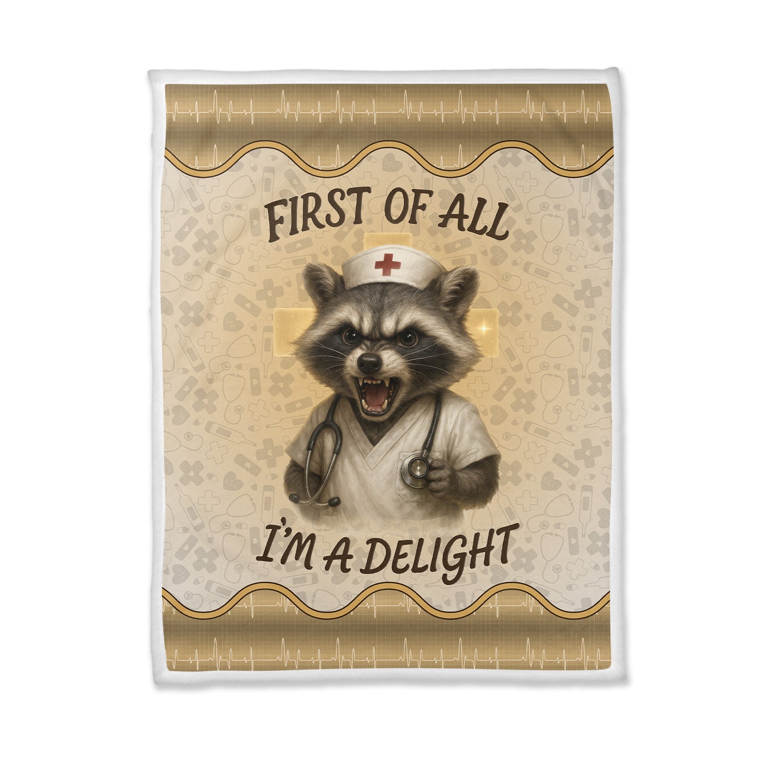 Personalized Funny Nurse Blanket - Gift for Women RN CNA LPN - Angry Raccoon Design 'First Of All I‰Ûªm A Delight' - Cozy Throw for Medical Staff