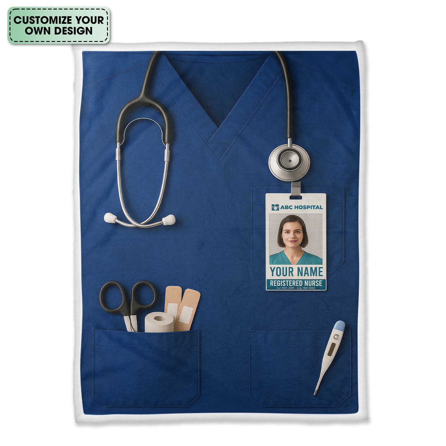 Personalized Nurse Blanket - Stethoscope & ID Badge Design - Custom Text & Photo Options for RN CNA LPN Healthcare Workers