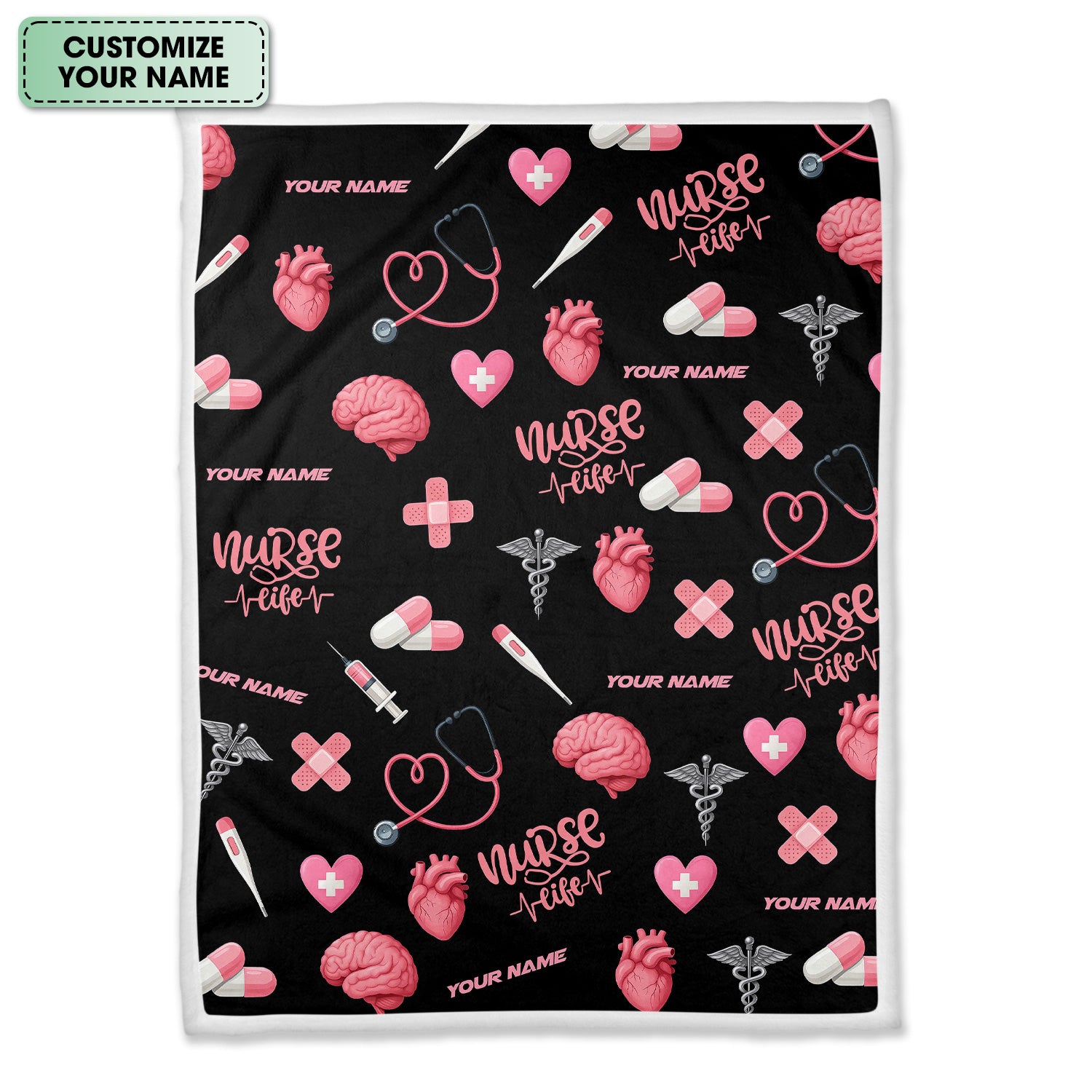 Funny Nurse Blanket with Name - Cute Pink Heart Brain Pill Icons - Personalized Gift for Women RN CNA LPN in Healthcare and Nursing Life