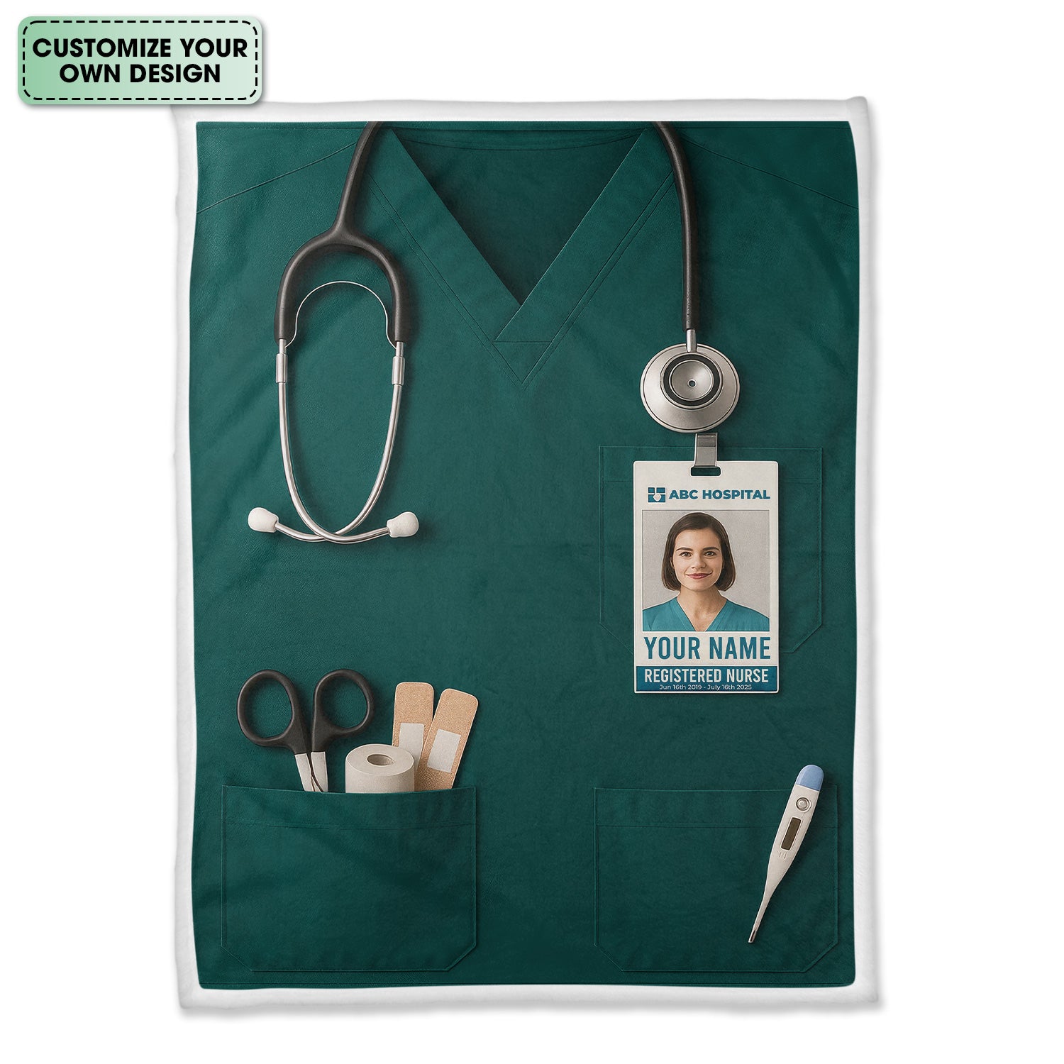 Personalized Nurse Blanket - Stethoscope & ID Badge Design - Custom Text & Photo Options for RN CNA LPN Healthcare Workers