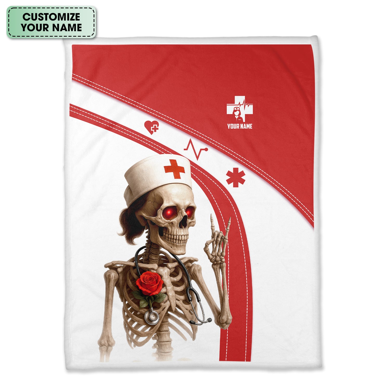 Personalized Nurse Life Blanket with Skeleton Quote - Red White Throw for RN CNA LPN - Funny Dark Humor Gift for Healthcare Workers