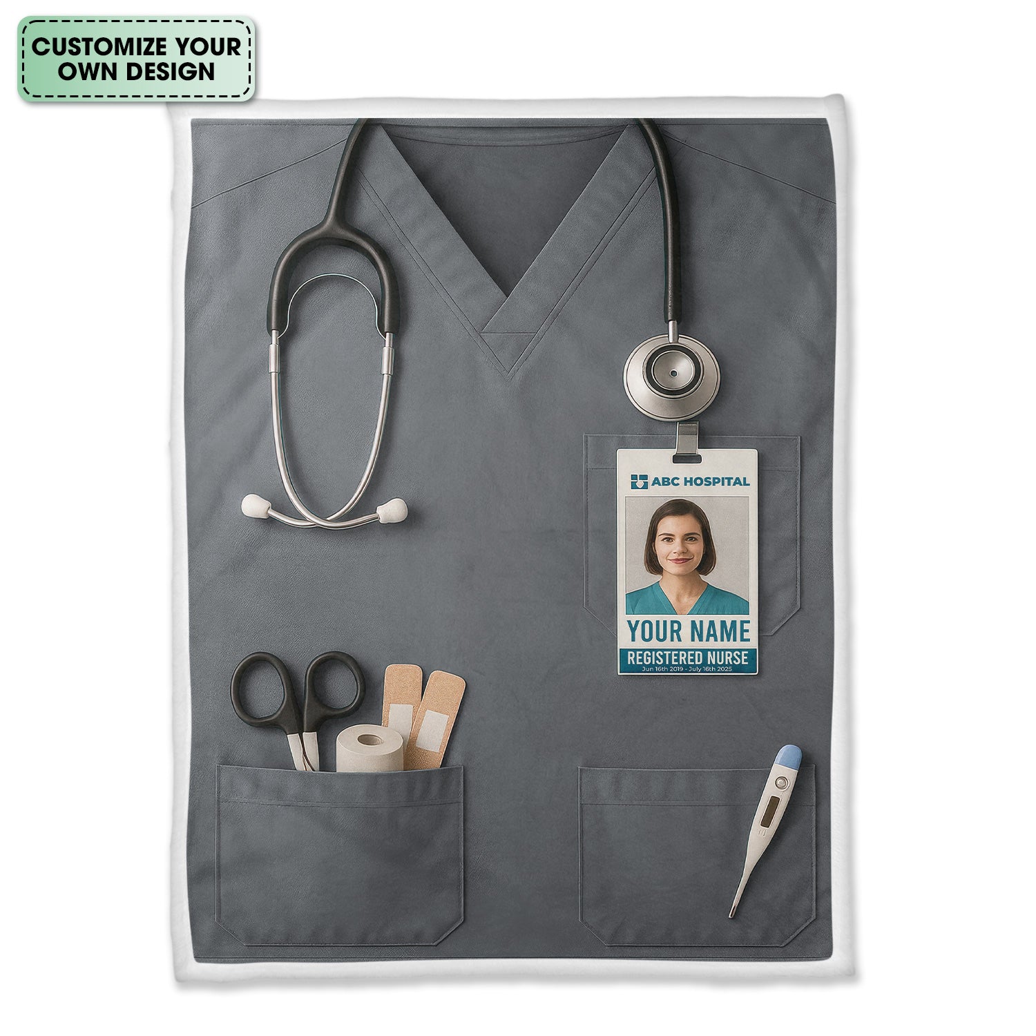 Personalized Nurse Blanket - Stethoscope & ID Badge Design - Custom Text & Photo Options for RN CNA LPN Healthcare Workers