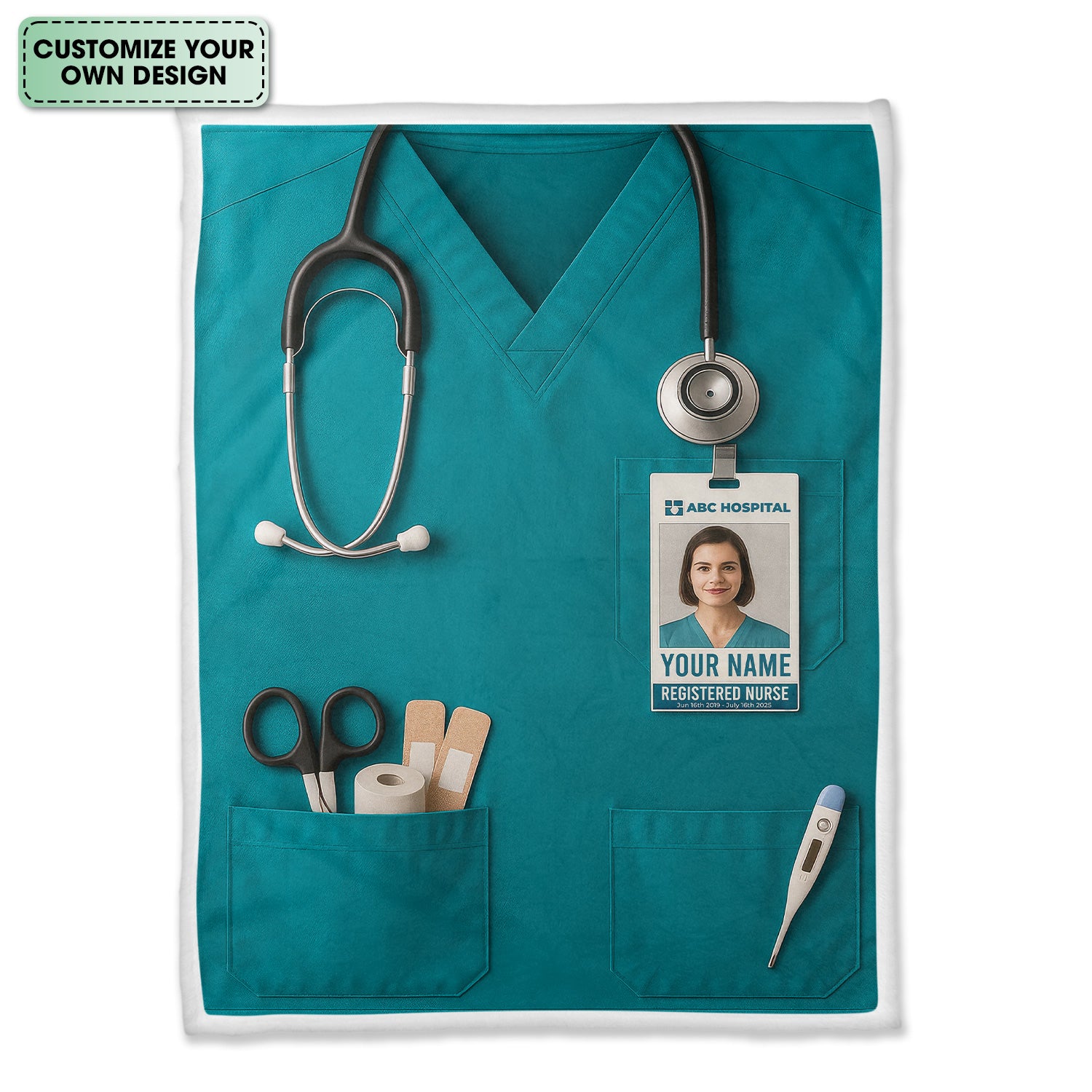 Personalized Nurse Blanket - Stethoscope & ID Badge Design - Custom Text & Photo Options for RN CNA LPN Healthcare Workers