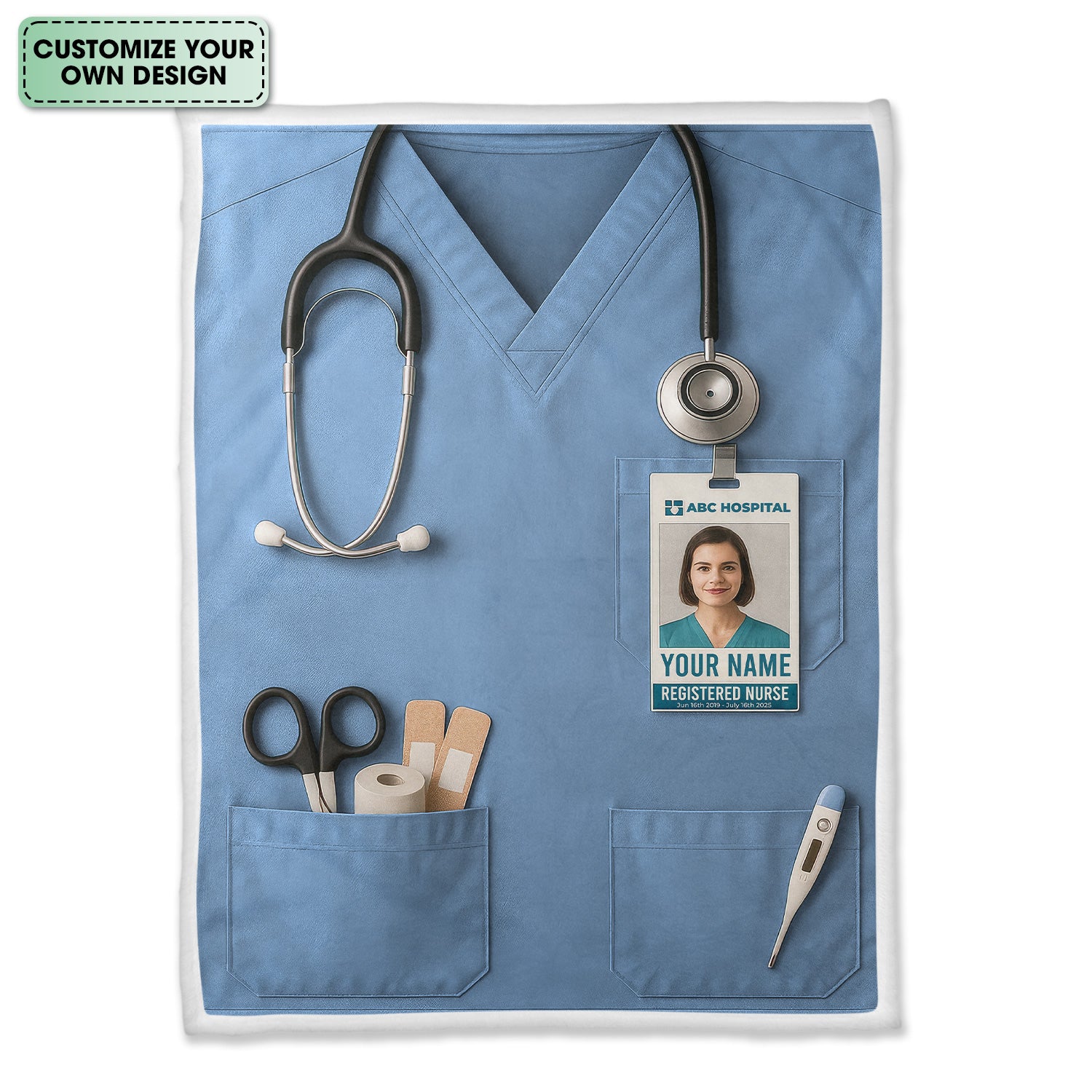 Personalized Nurse Blanket - Stethoscope & ID Badge Design - Custom Text & Photo Options for RN CNA LPN Healthcare Workers
