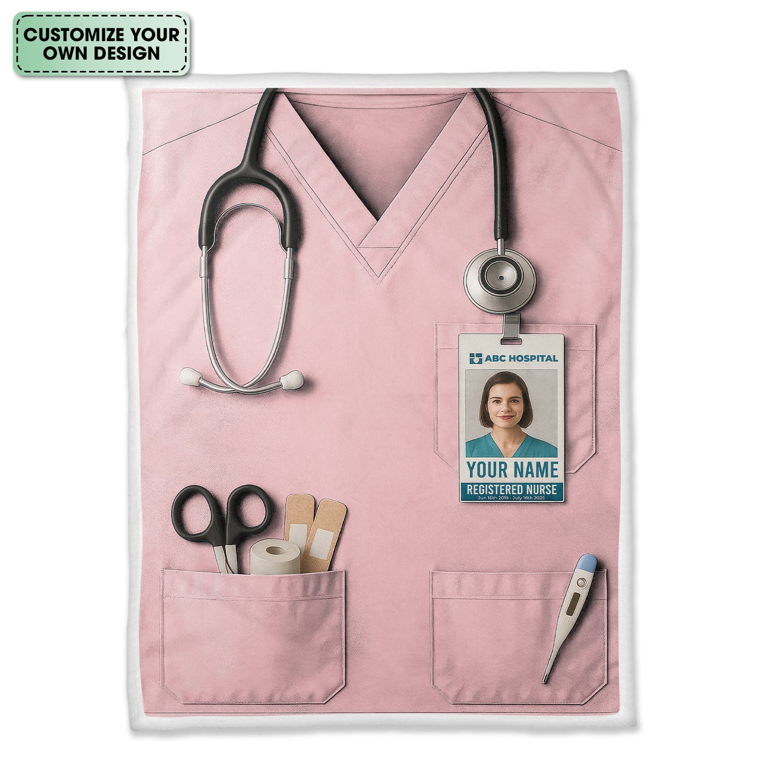 Personalized Nurse Blanket - Stethoscope & ID Badge Design - Custom Text & Photo Options for RN CNA LPN Healthcare Workers
