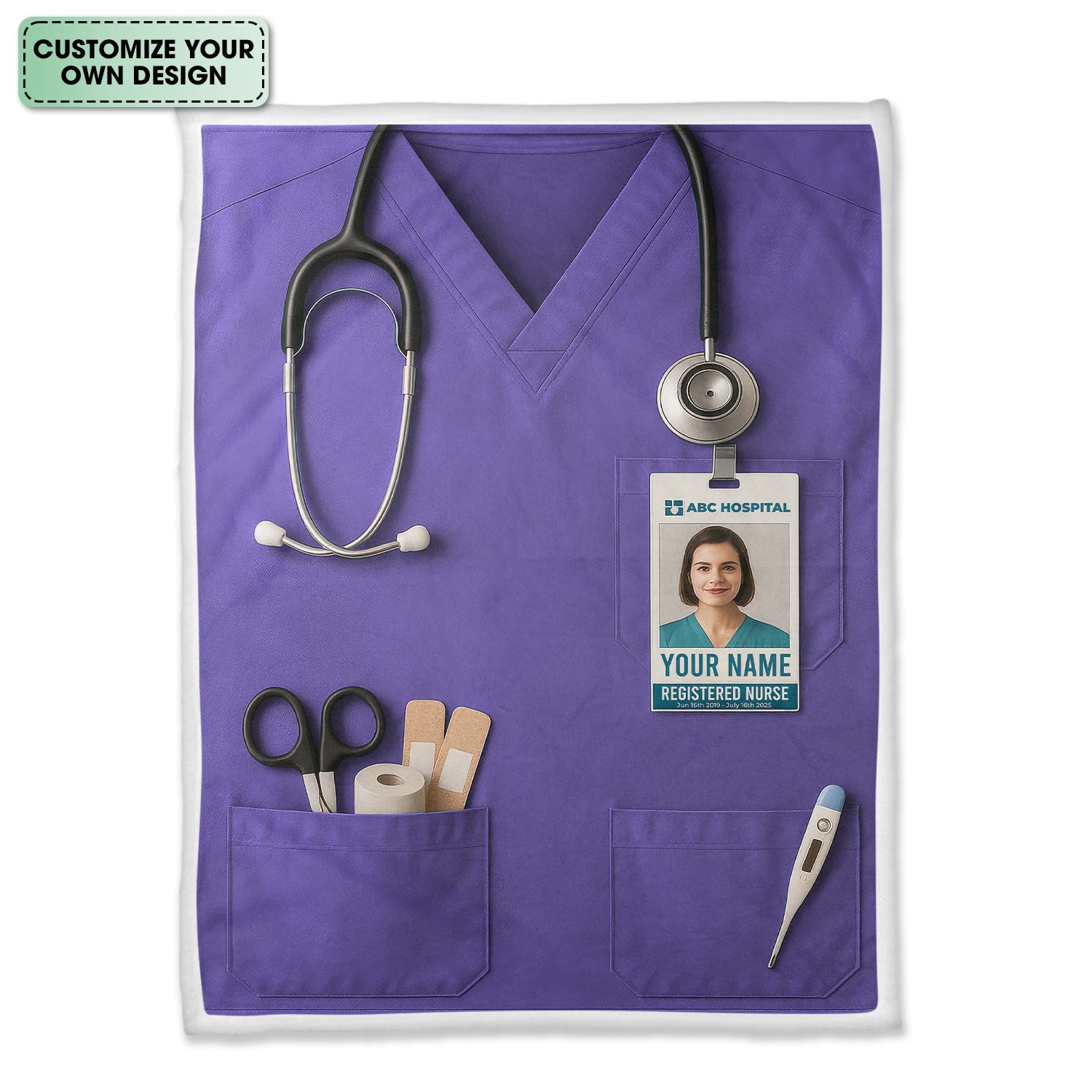Personalized Nurse Blanket - Stethoscope & ID Badge Design - Custom Text & Photo Options for RN CNA LPN Healthcare Workers