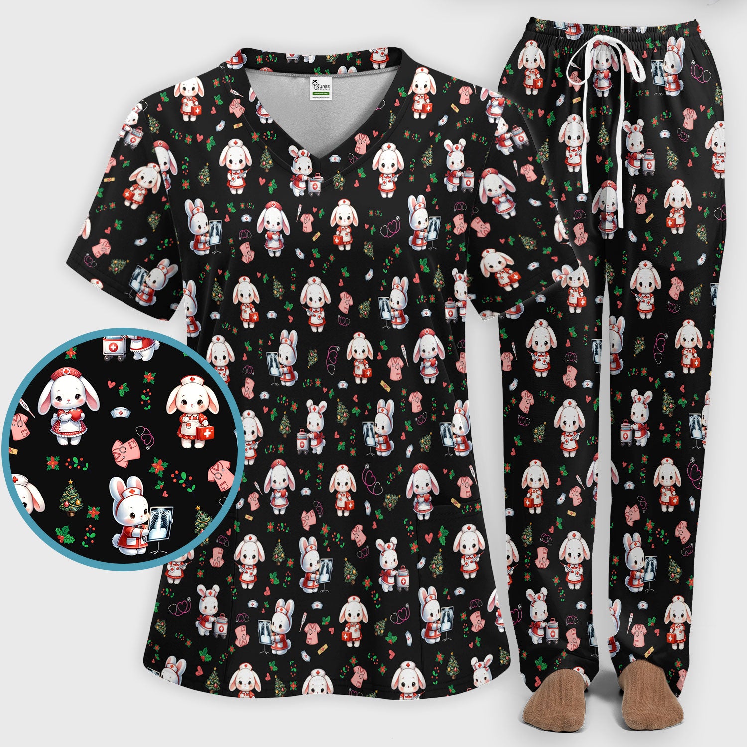 Comfortable Scrubs Sets for Nurses - Funny Bunny Scrub Pants and V Neck Top - Rabbit Christmas Med Uniform for Women