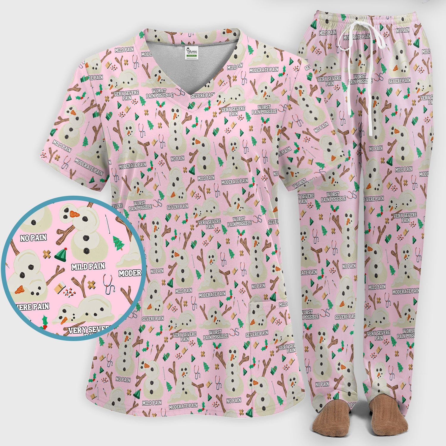 Christmas Snowman Nurse Scrub Set for Women - Funny Pain Scale Scrubs Pants - Cute Holiday Nursing Uniform Gift for RN LPN CNA