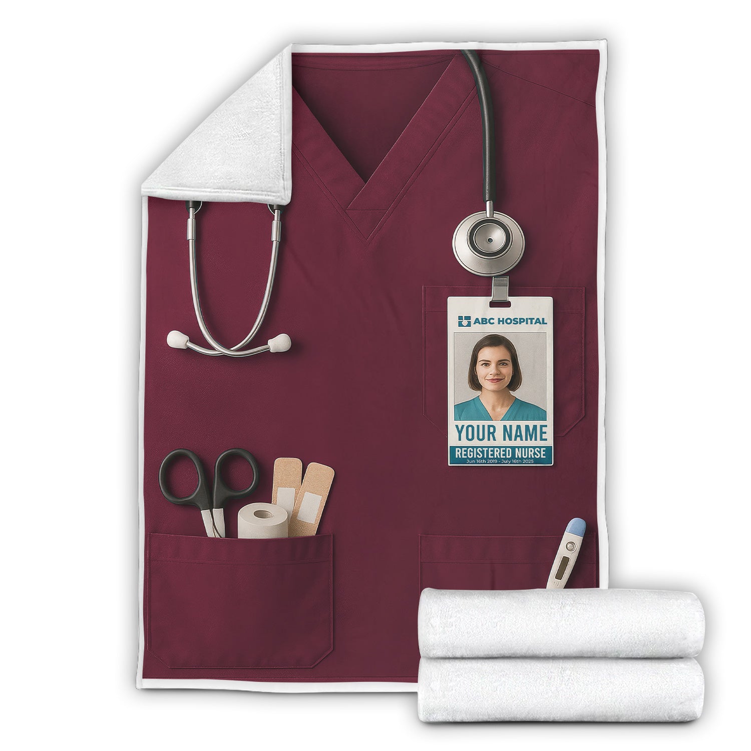 Personalized Nurse Blanket - Stethoscope & ID Badge Design - Custom Text & Photo Options for RN CNA LPN Healthcare Workers