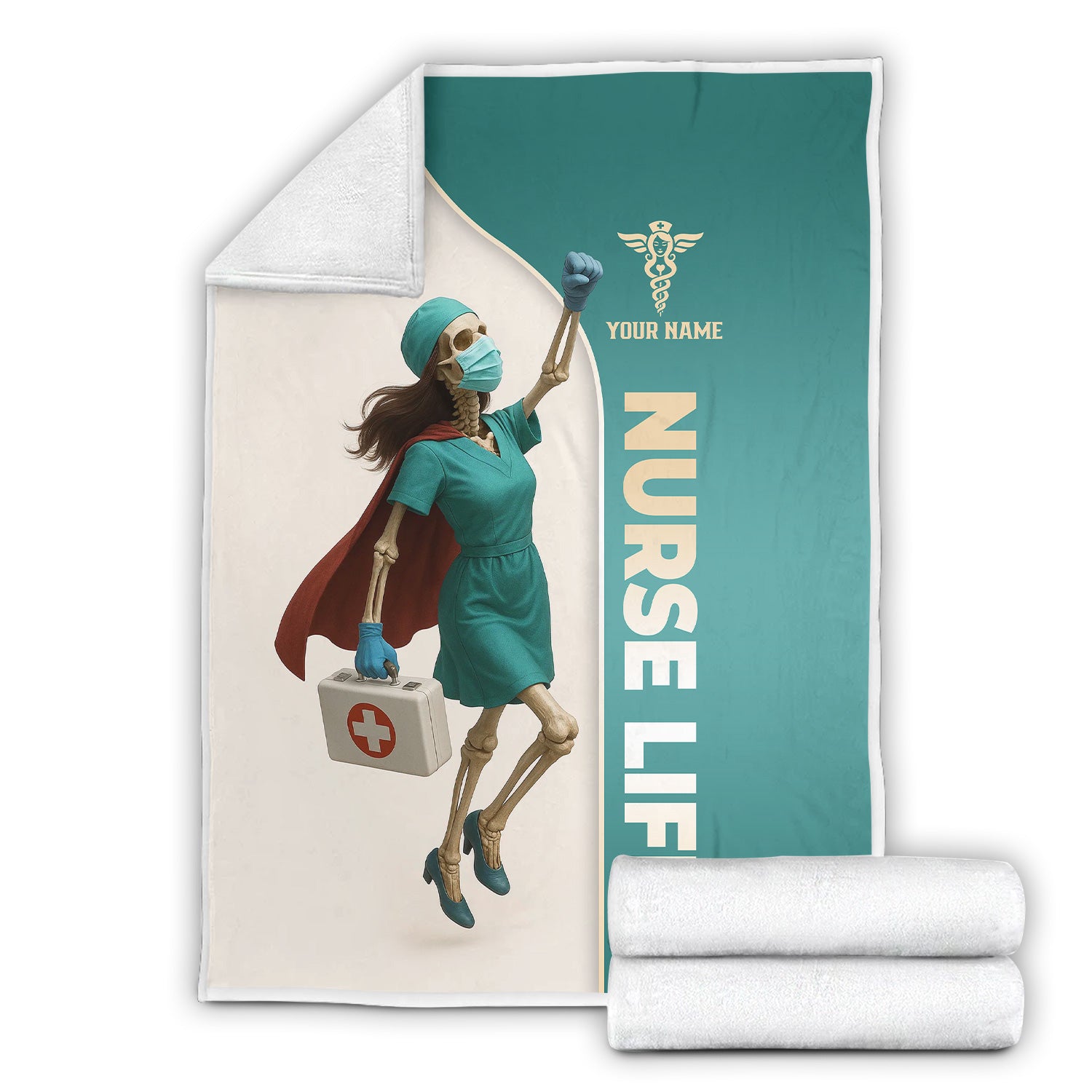 Personalized Superhero Nurse Blanket - Skeleton in Cape Holding Medical Bag - Nurse Life Gift for Healthcare Heroes