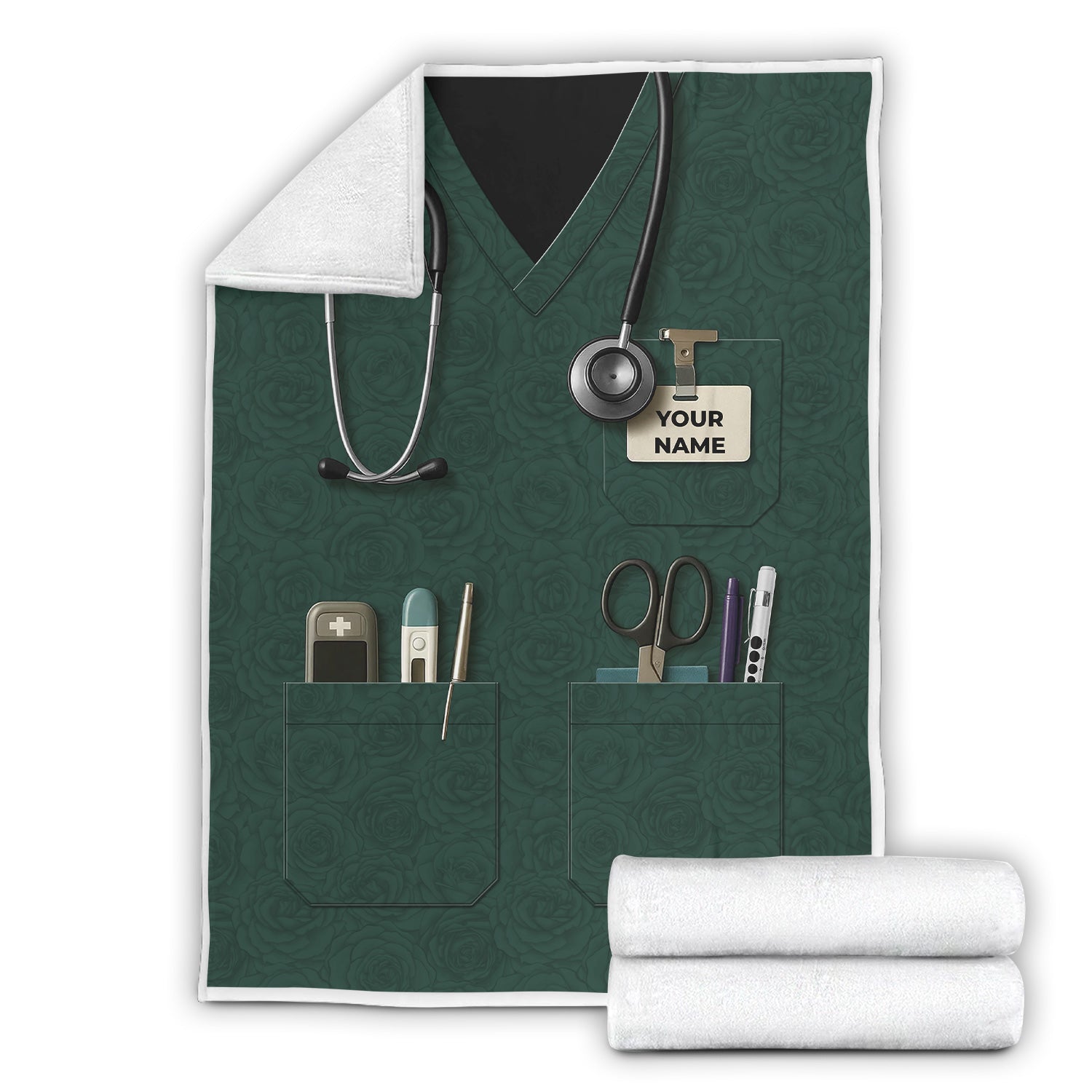 Green Scrub Nurse Throw Blanket - Medical Uniform Design with Pockets and Name - Gift for Female Nurses, CNA, LPN, RN