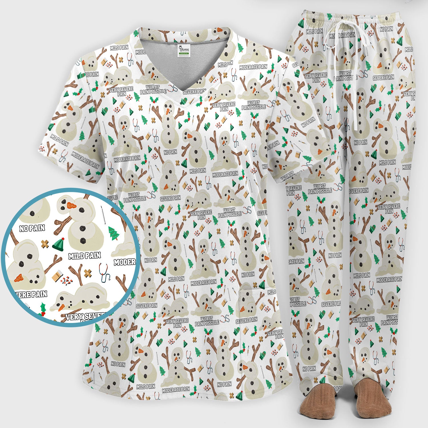 Christmas Snowman Nurse Scrub Set for Women - Funny Pain Scale Scrubs Pants - Cute Holiday Nursing Uniform Gift for RN LPN CNA