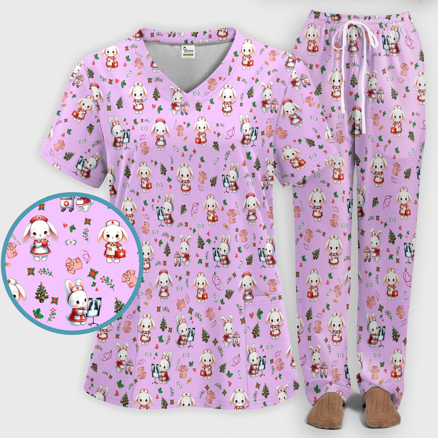 Comfortable Scrubs Sets for Nurses - Funny Bunny Scrub Pants and V Neck Top - Rabbit Christmas Med Uniform for Women