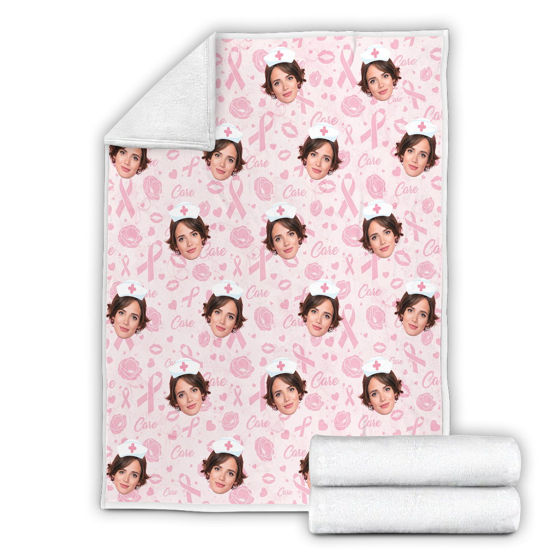 Custom Face Nurse Blanket Pink Ribbon Awareness - Personalized Breast Cancer Support Throw - Gift for Women RN LPN CNA