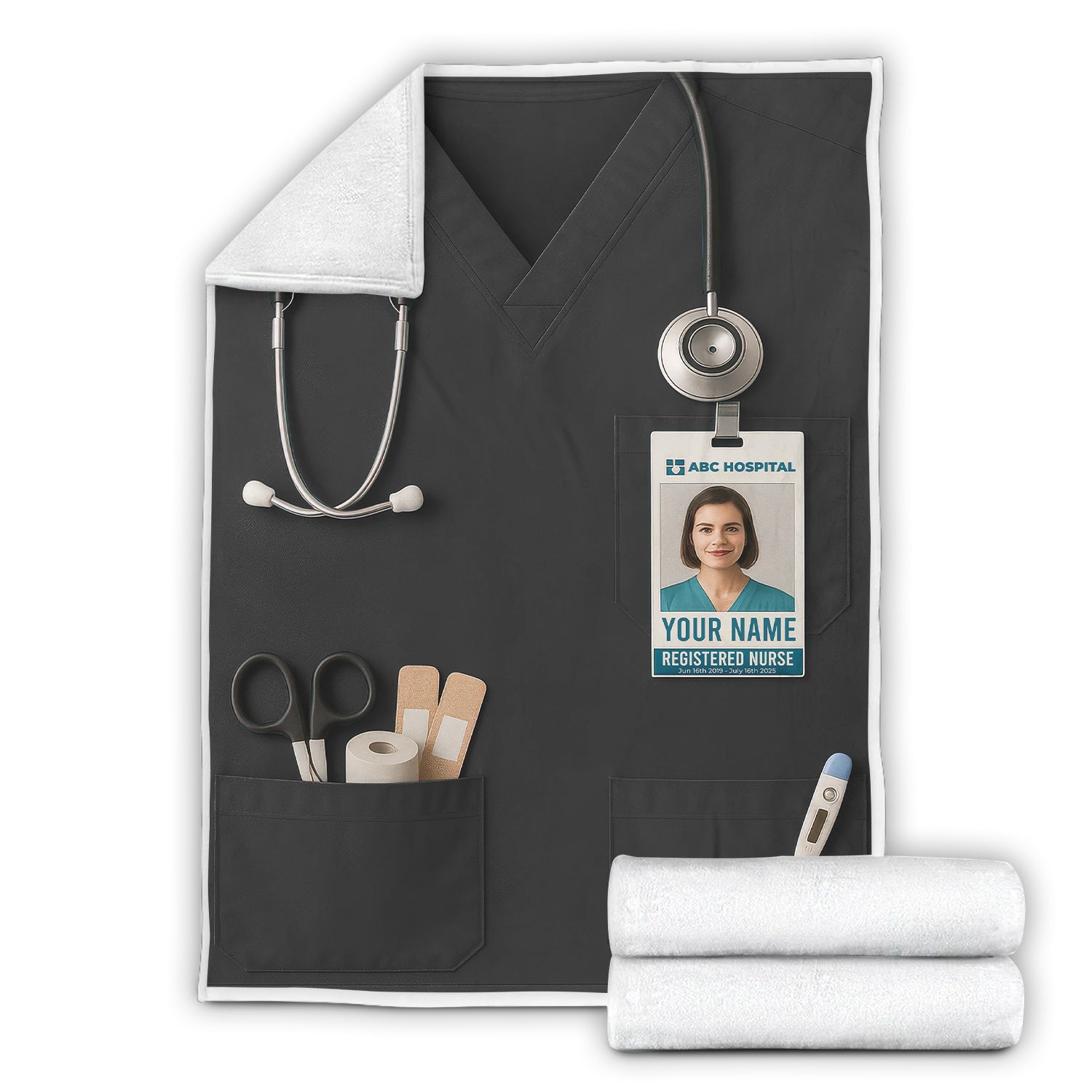 Personalized Nurse Blanket - Stethoscope & ID Badge Design - Custom Text & Photo Options for RN CNA LPN Healthcare Workers