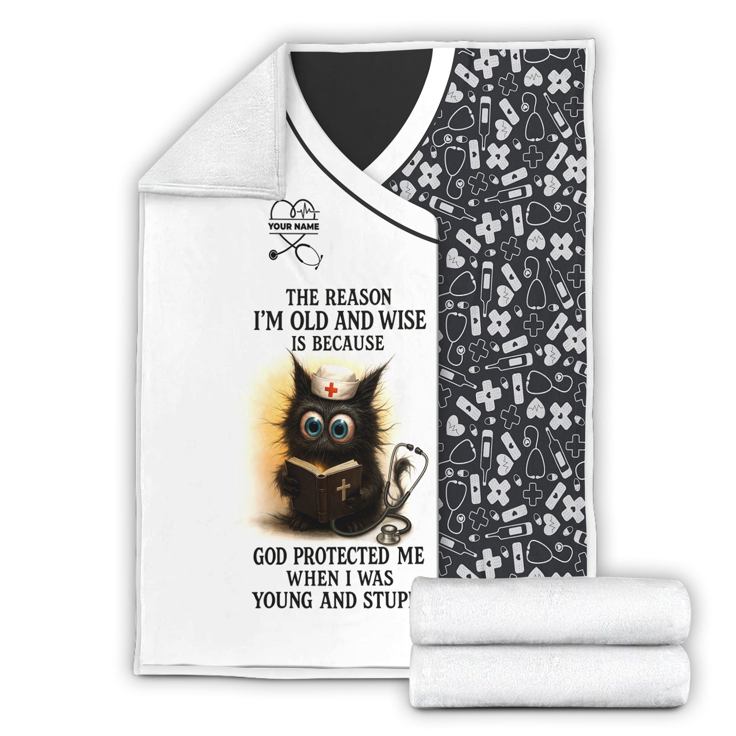 Custom Name Funny Nurse Blanket for RN LPN CNA - Wise Black Cat Cartoon with Bible and Stethoscope - Healthcare Gift for Medical Workers