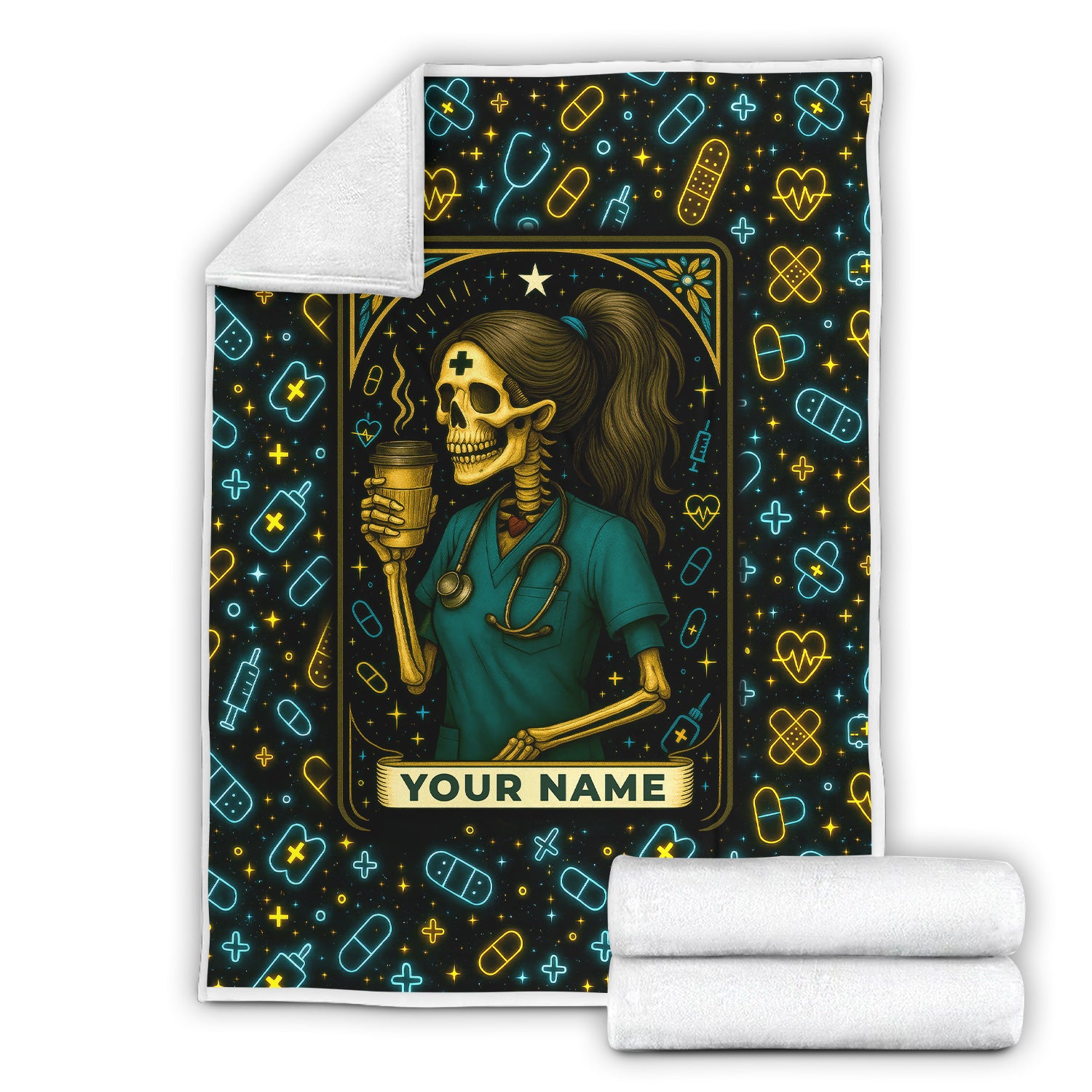 Funny Skeleton Nurse Blanket - Personalized RN CNA LPN Gift with Coffee Design - Custom Halloween Throw for Healthcare Workers